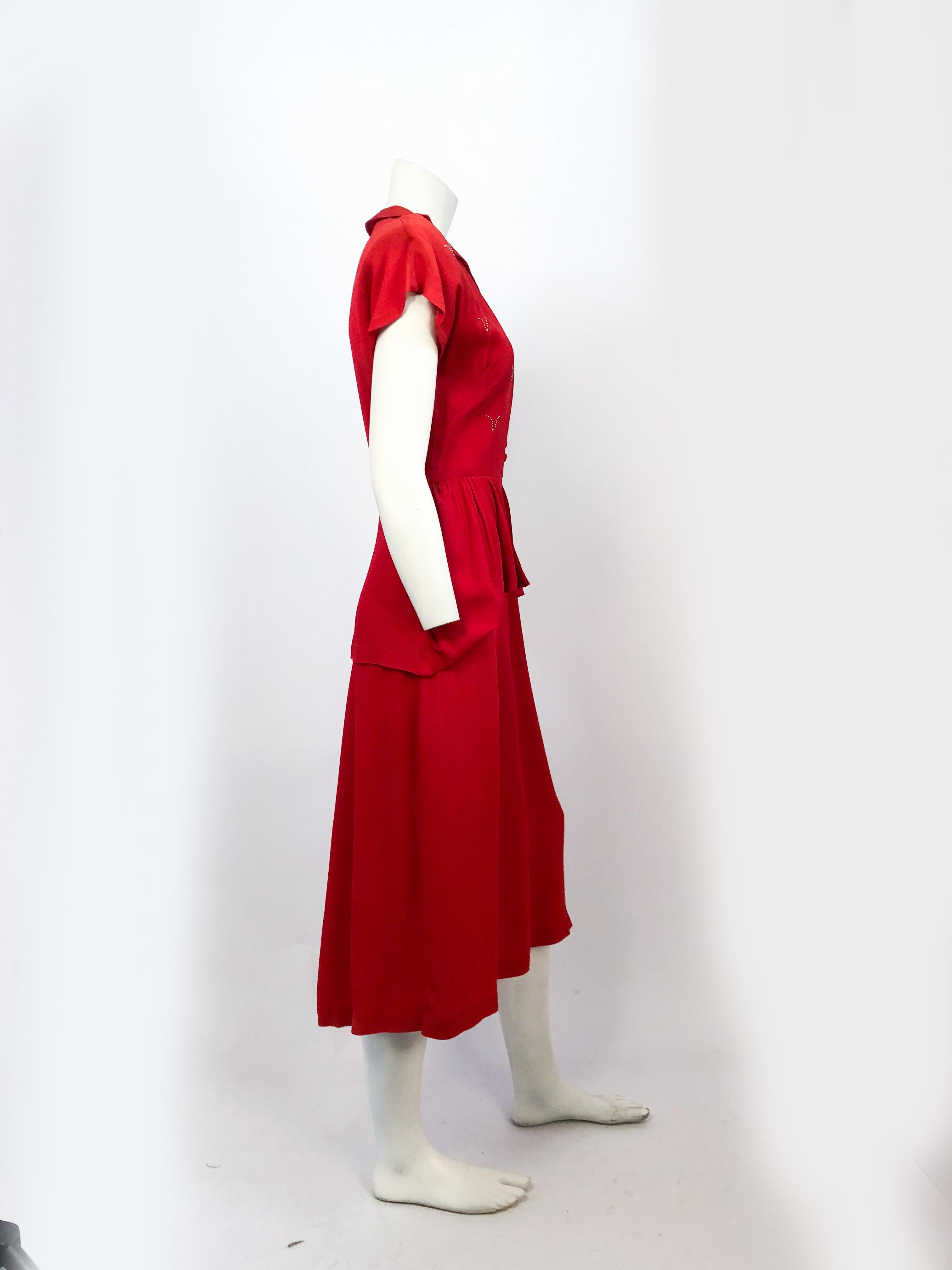 1940s Red Crepe Dress with Stud and Rhinestone Accents In Good Condition In San Francisco, CA