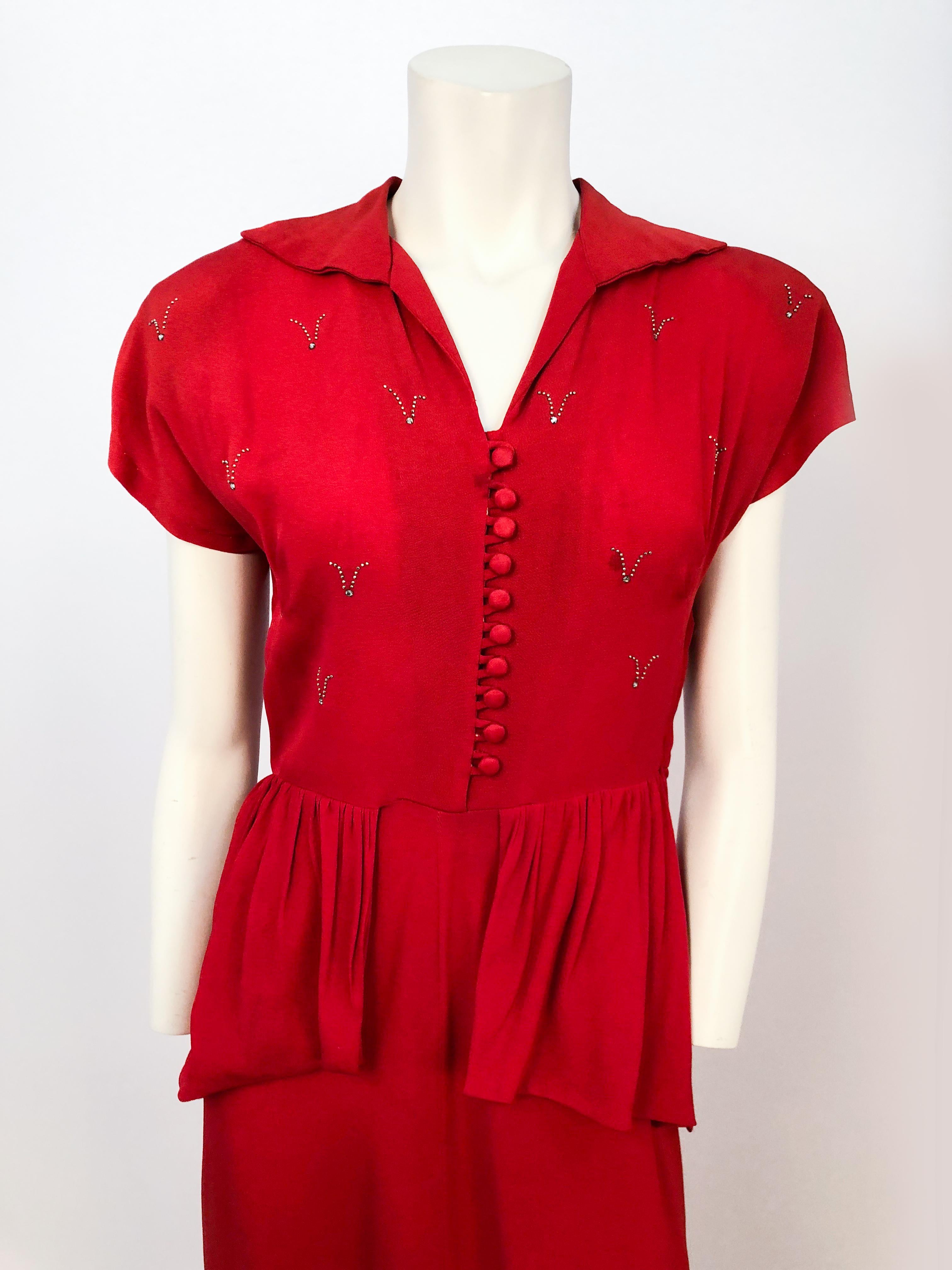 Women's 1940s Red Crepe Dress with Stud and Rhinestone Accents