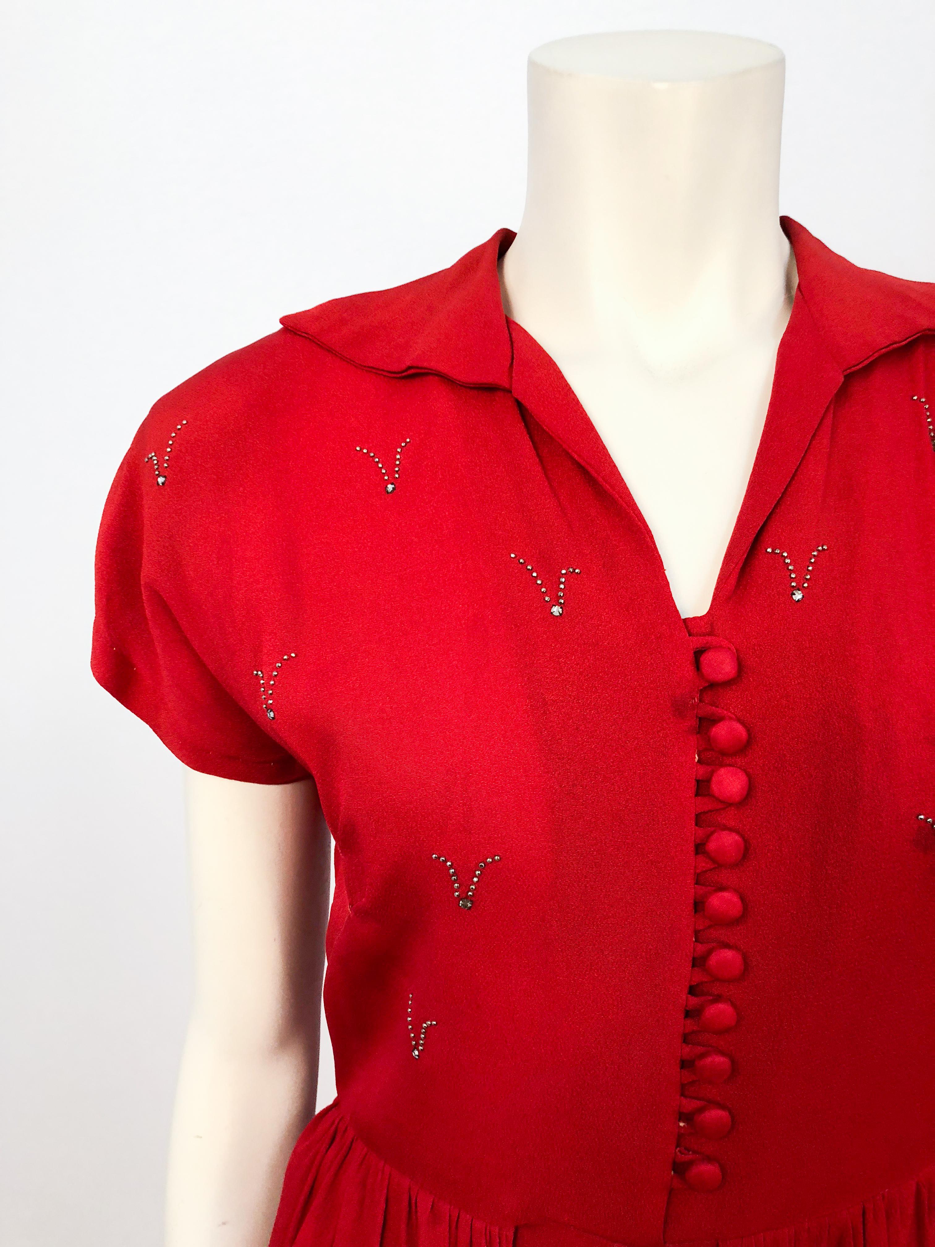 1940s Red Crepe Dress with Stud and Rhinestone Accents 1