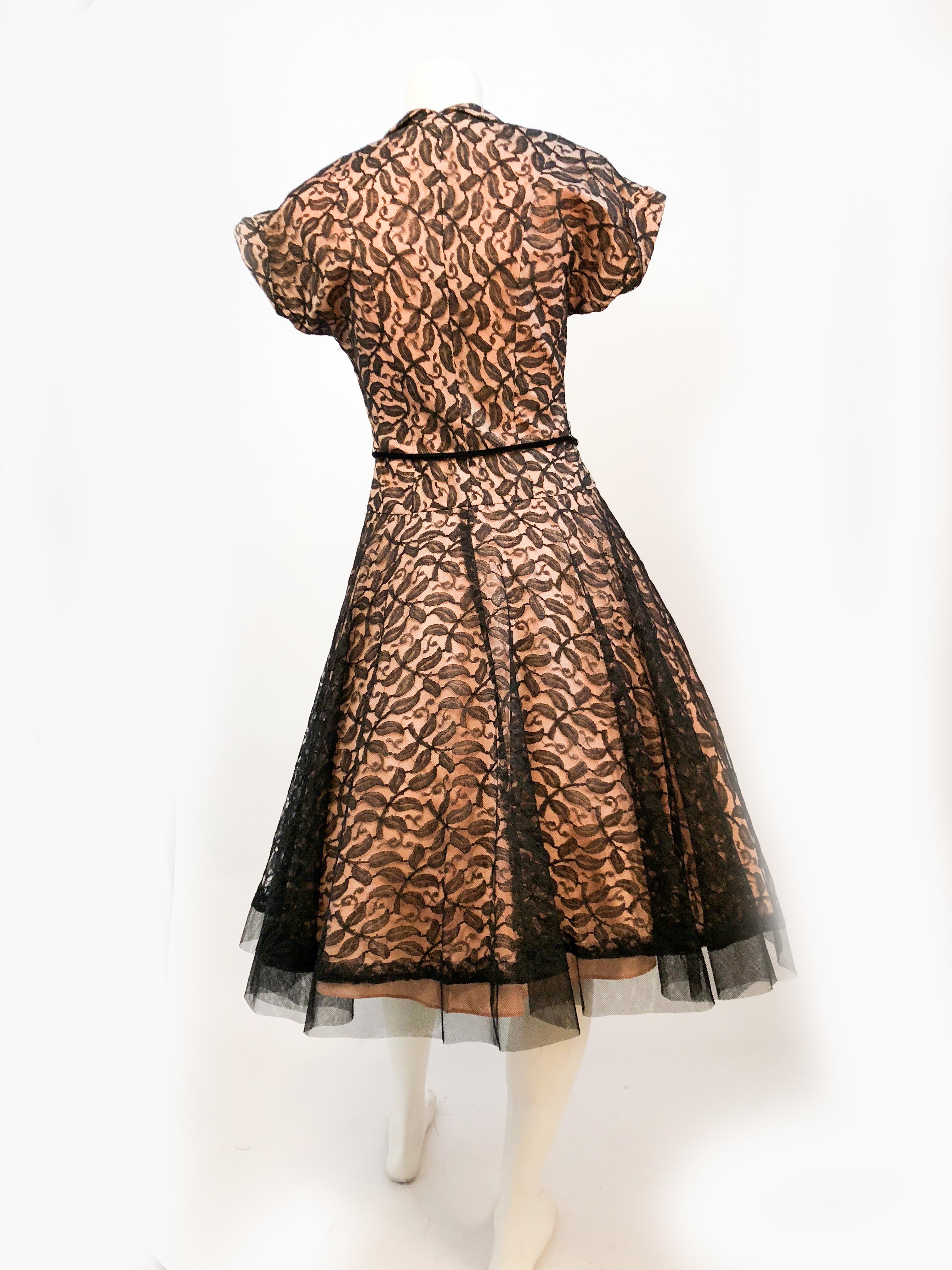 Brown 1950's Black Lace Dress with Blush-Colored lining and Velvet Accents For Sale
