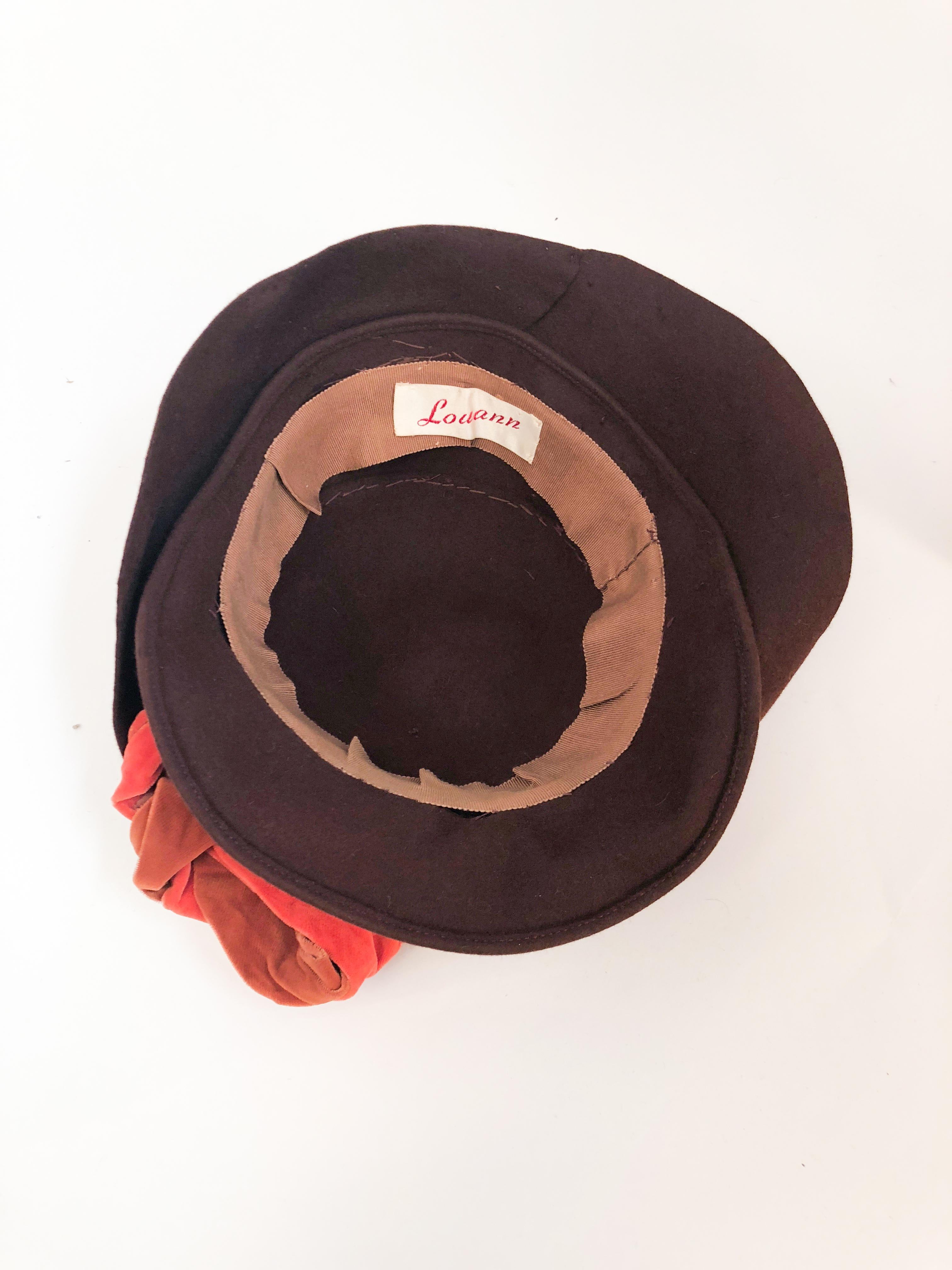 1930s Brown Fur Felt Hat with Multi-toned Cotton Velevet Twisted Accent 1