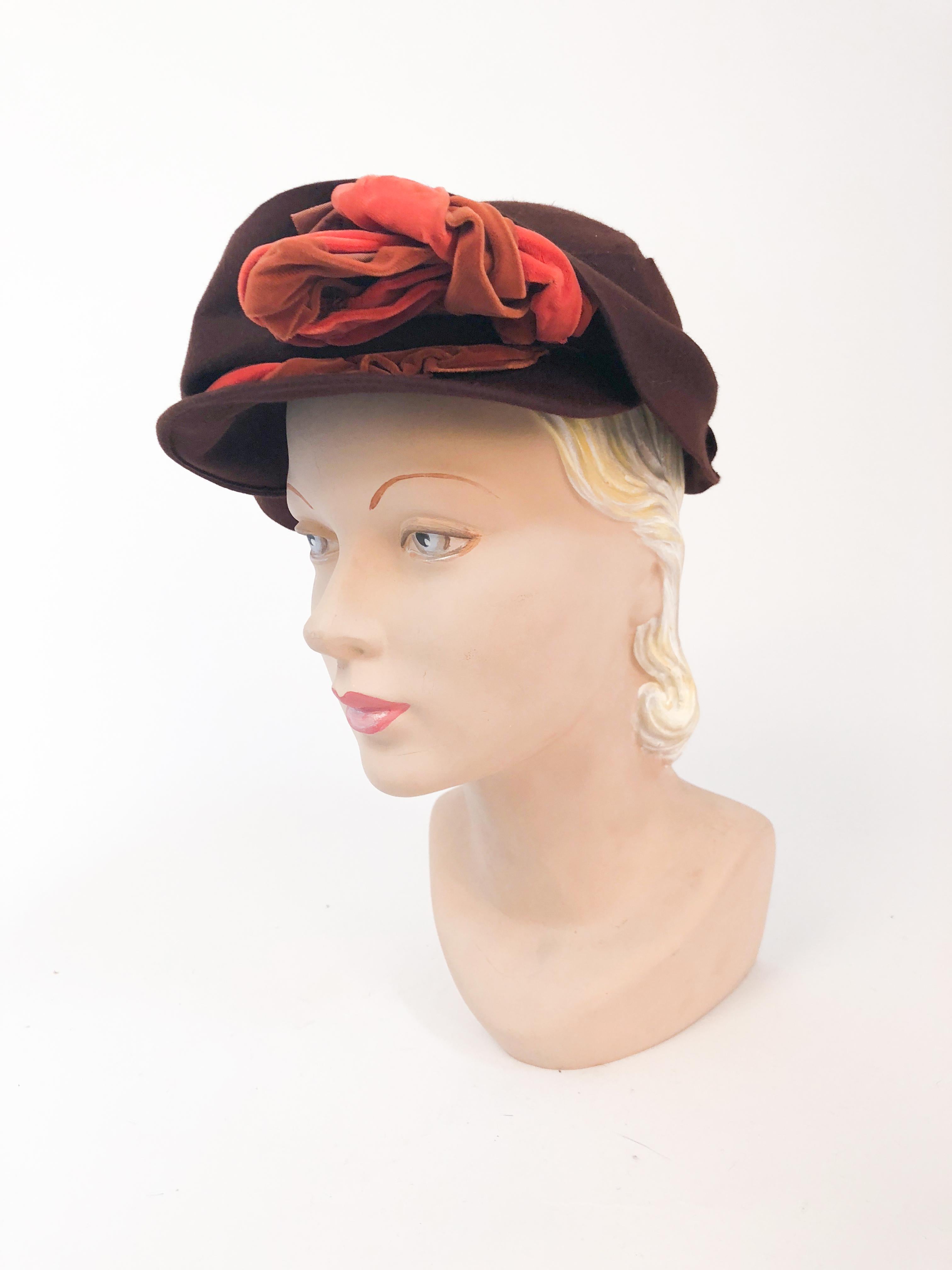 Gray 1930s Brown Fur Felt Hat with Multi-toned Cotton Velevet Twisted Accent