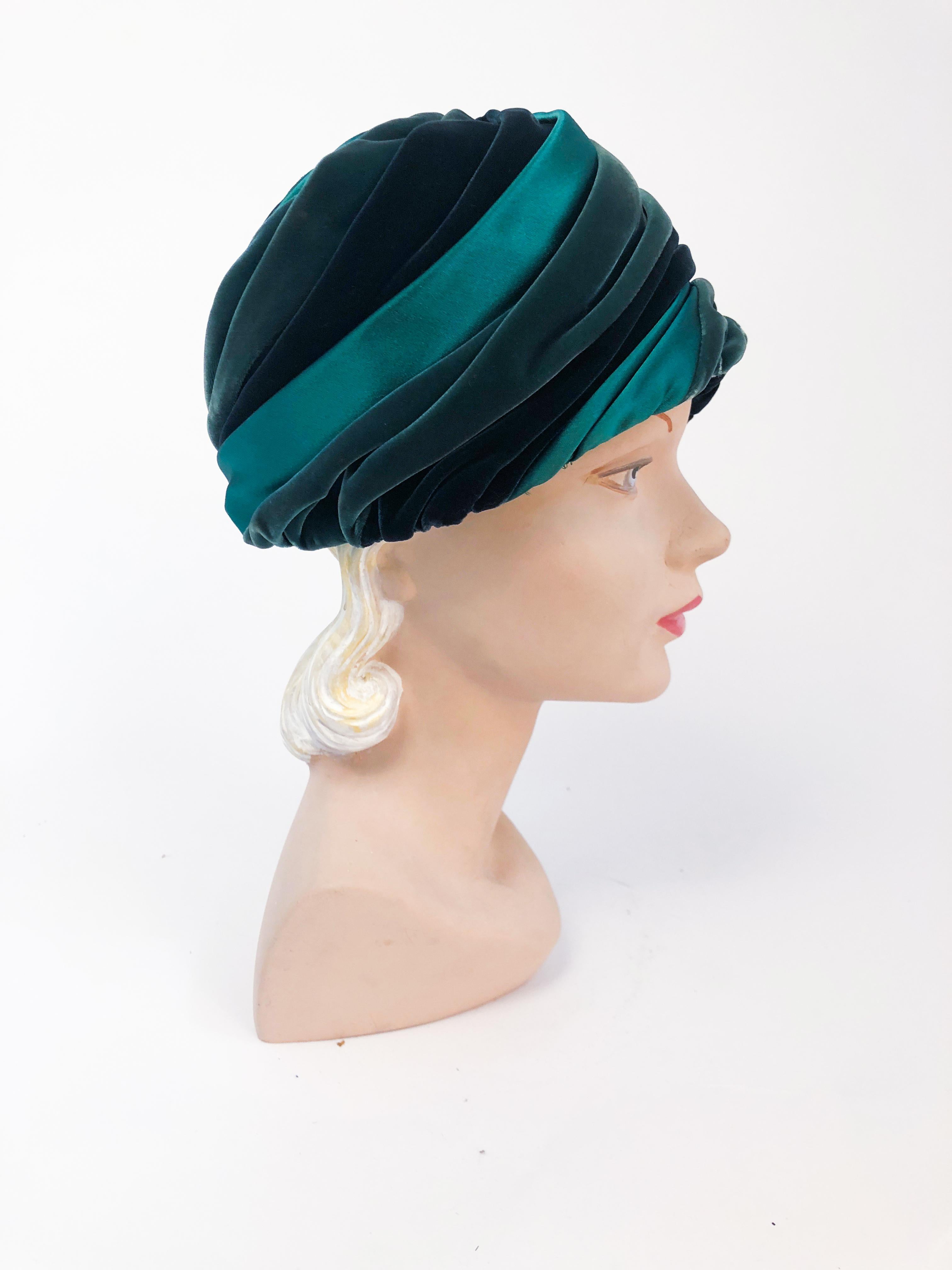 Multi colored green (drak, kelly, and avacado) gathered turban made of silk velvet and silk satin.