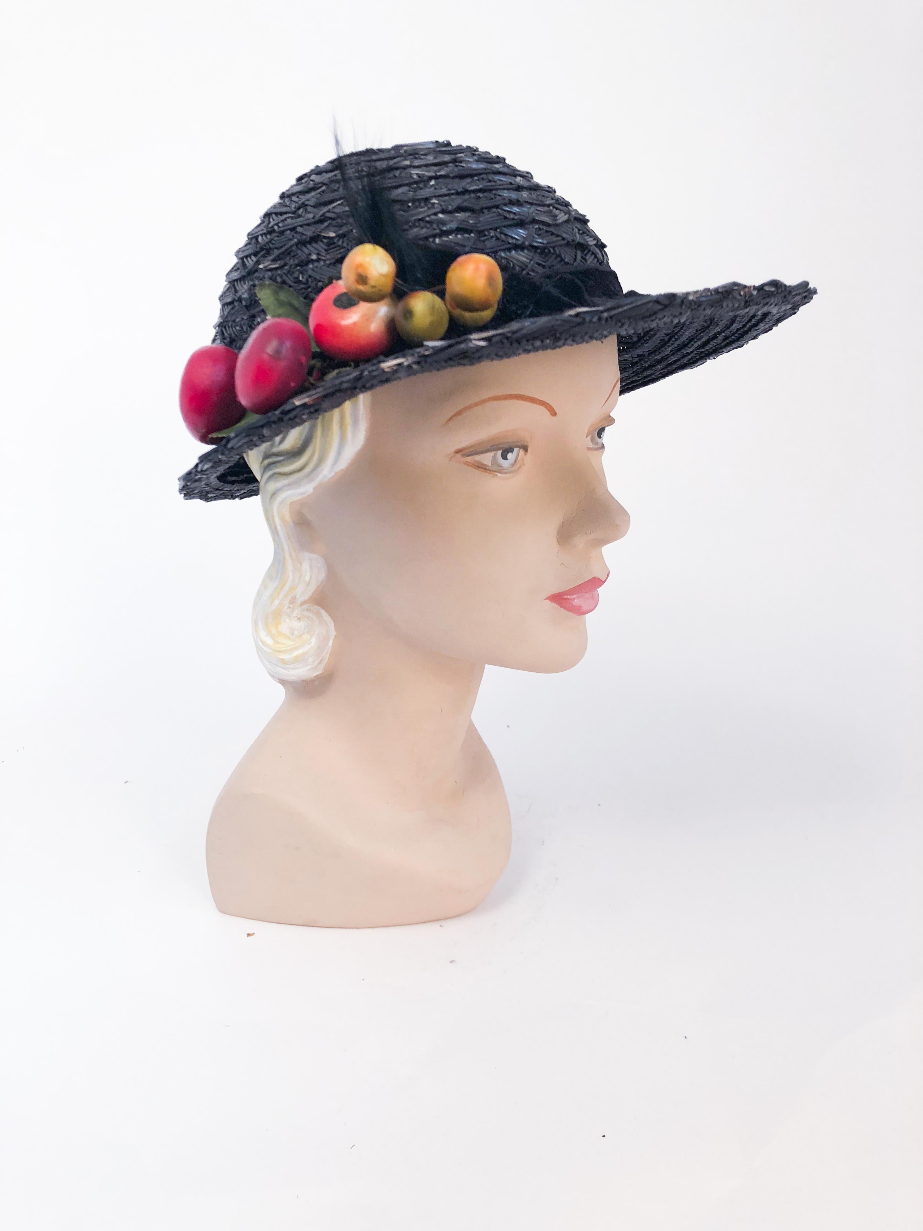 1930s Black Straw Day Hat with Wooden Fruit For Sale 2