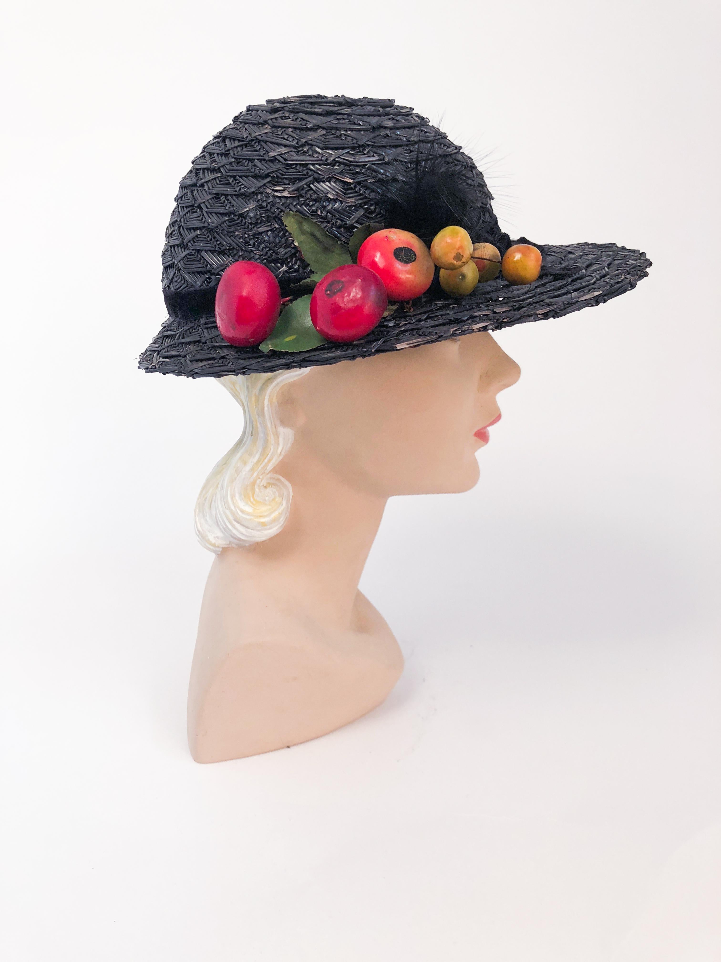 Women's 1930s Black Straw Day Hat with Wooden Fruit For Sale