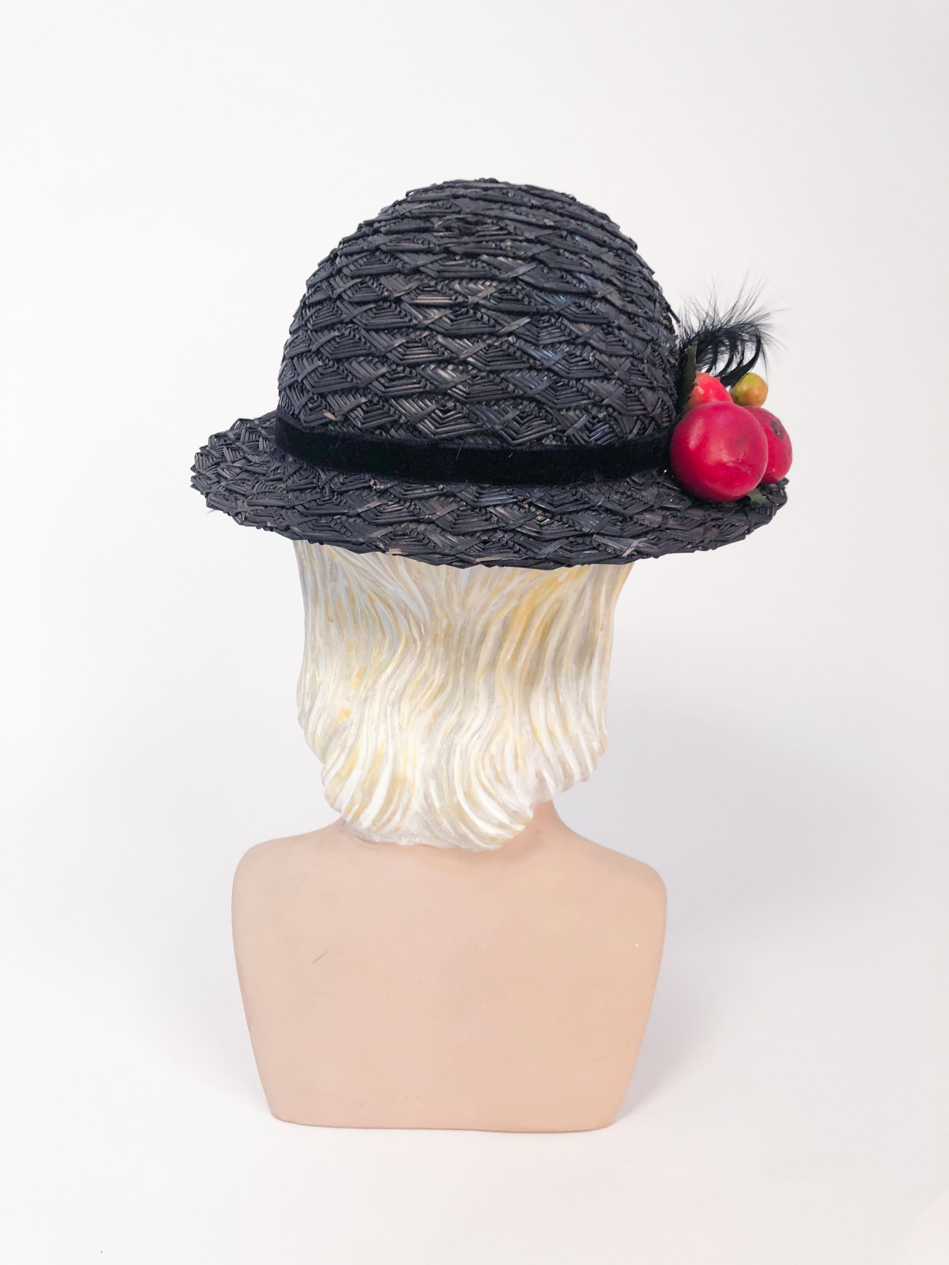 1930s Black Straw Day Hat with Wooden Fruit For Sale 1
