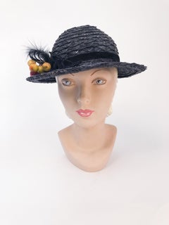 1930s Black Straw Day Hat with Wooden Fruit