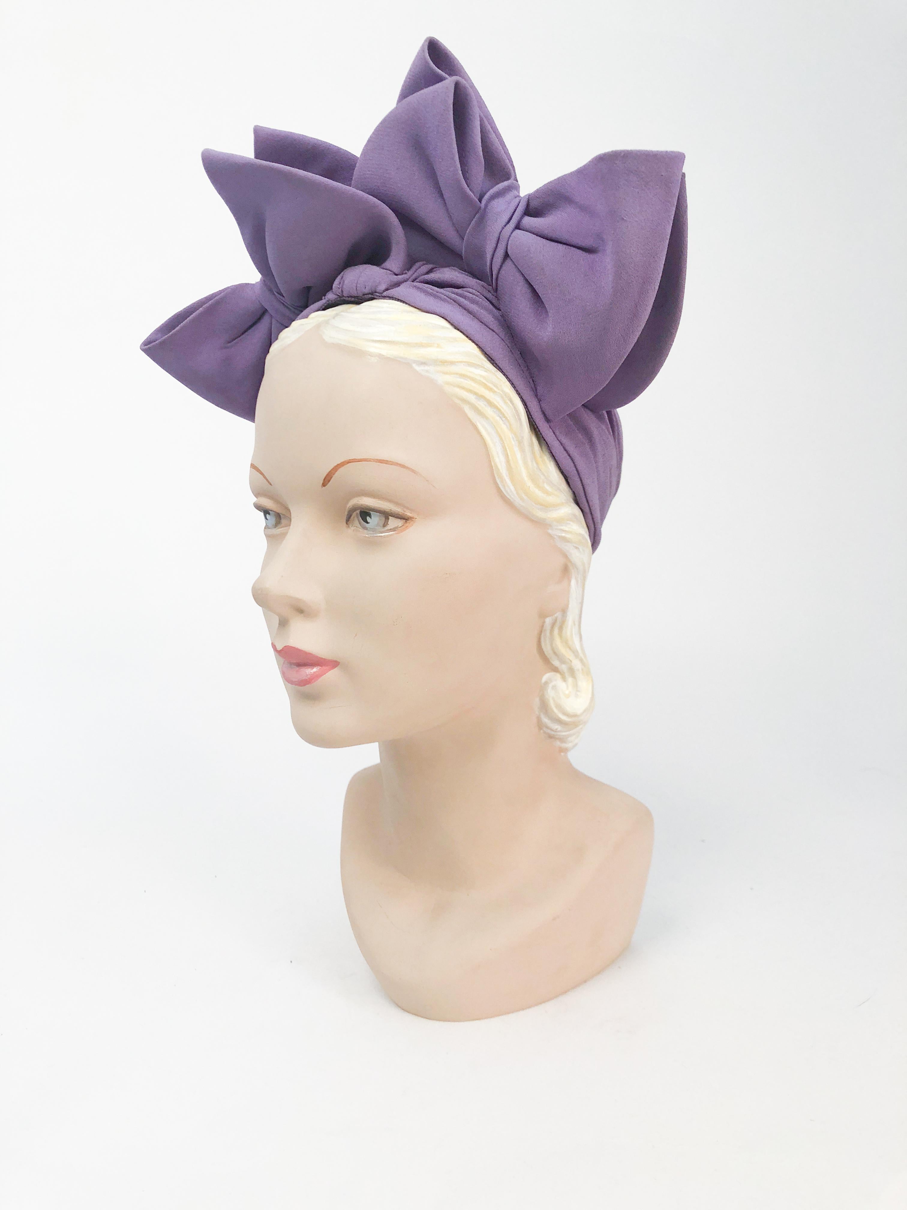 1930s Lavender Crepe Turban with Matching Bows. Lavender crepe hand made turban with 4 oversized structured bows and pleats. 