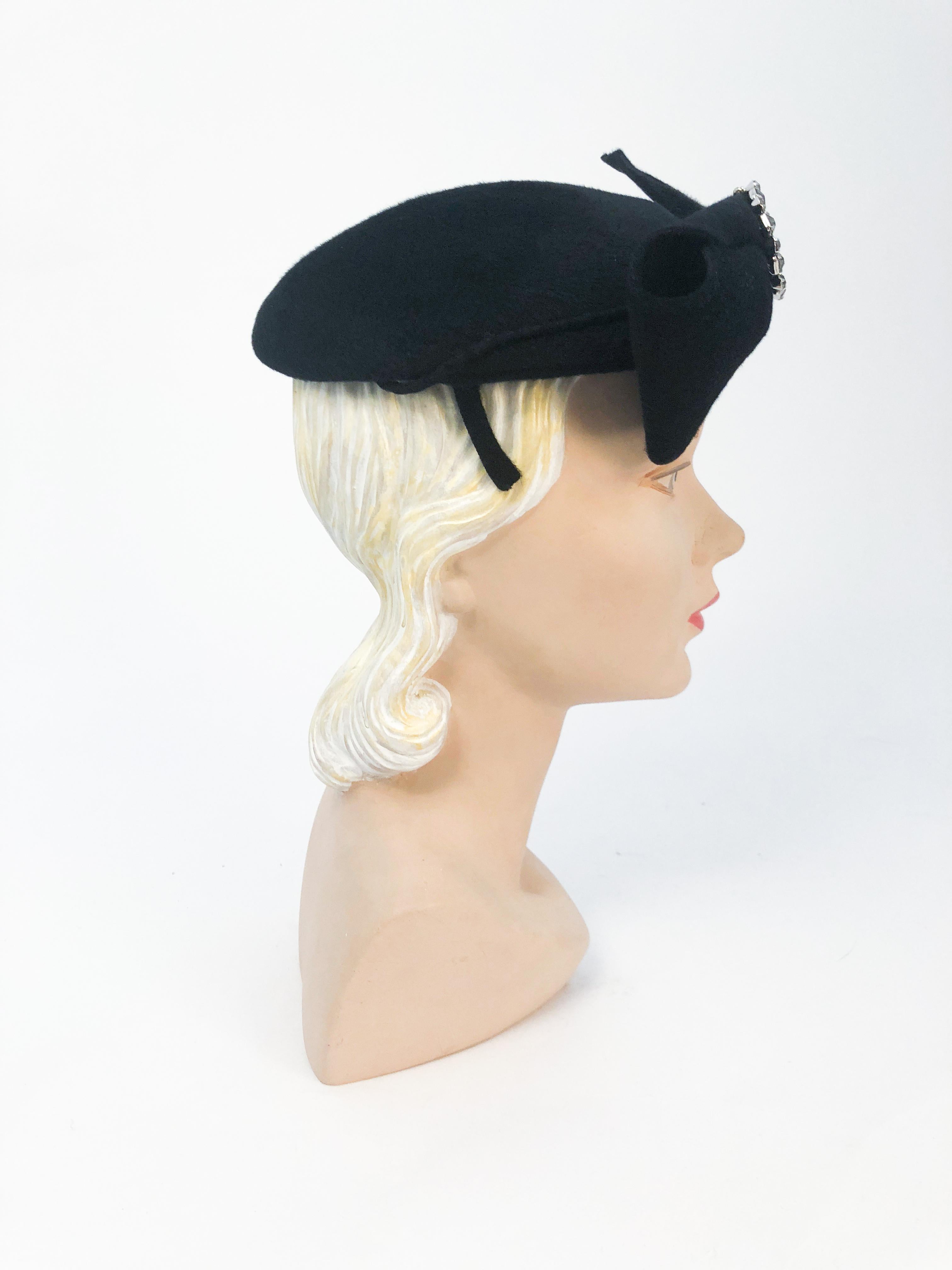 Women's 1950s Black Fur Felt Cocktail Hat with Oversized Bow and Rhinestone Accent