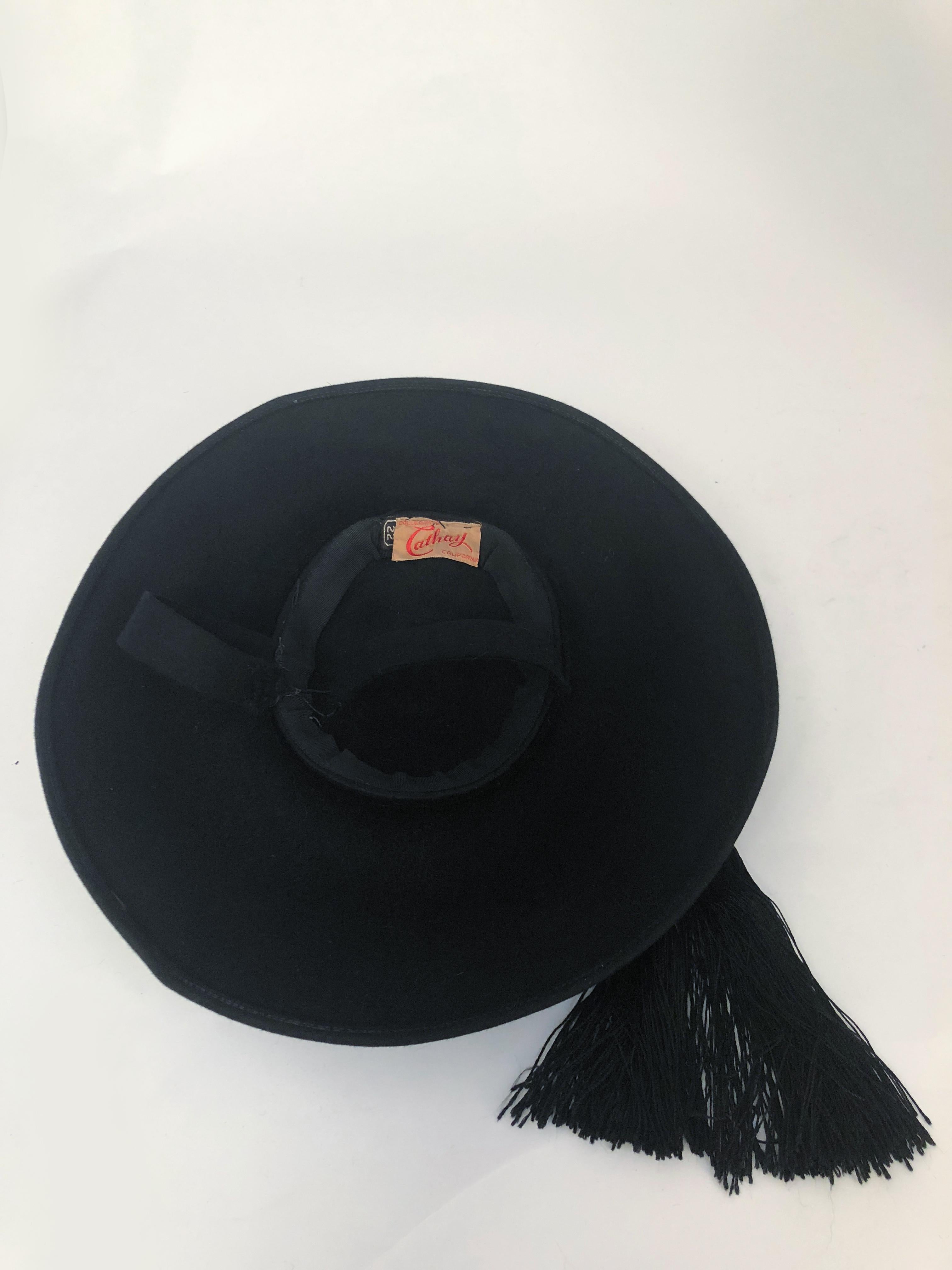 Women's 1940s Black Fur Felt Wide-Brimmed Hat With Silk Cord Tassels