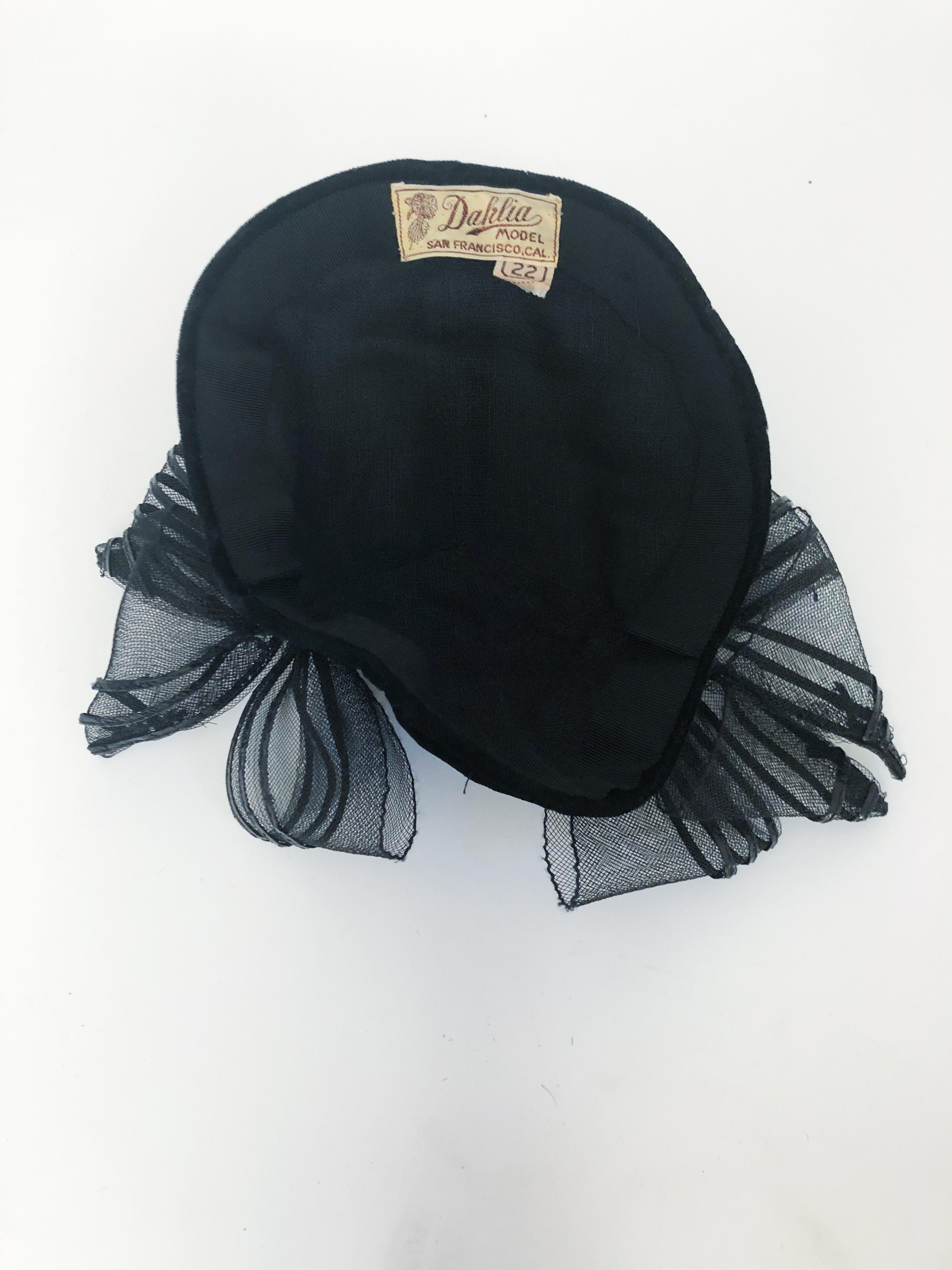 1930s Black Velvet Cocktail hat with Horsehair bows 2