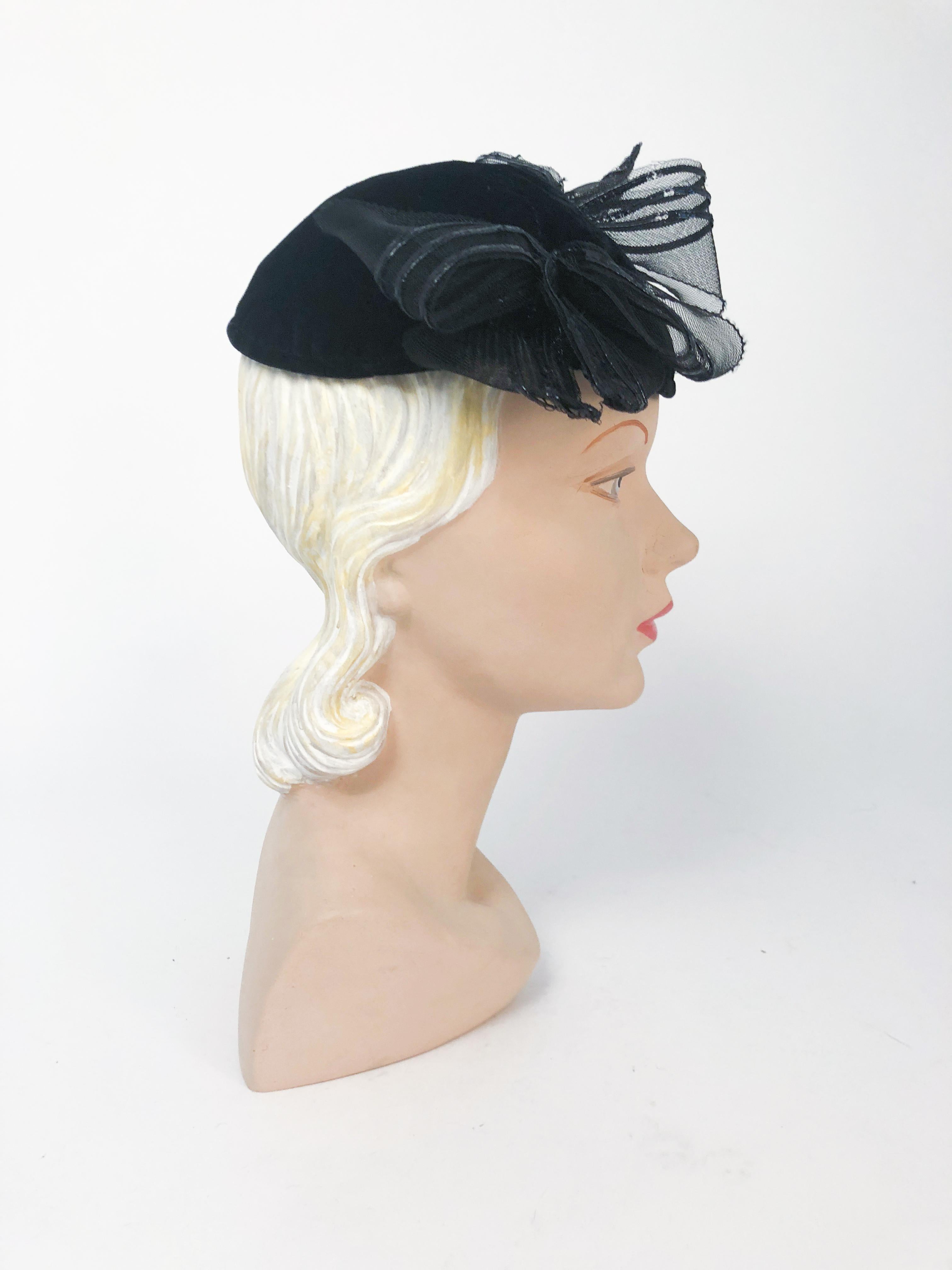 1930s Black Velvet Cocktail hat with Horsehair bows In Good Condition In San Francisco, CA