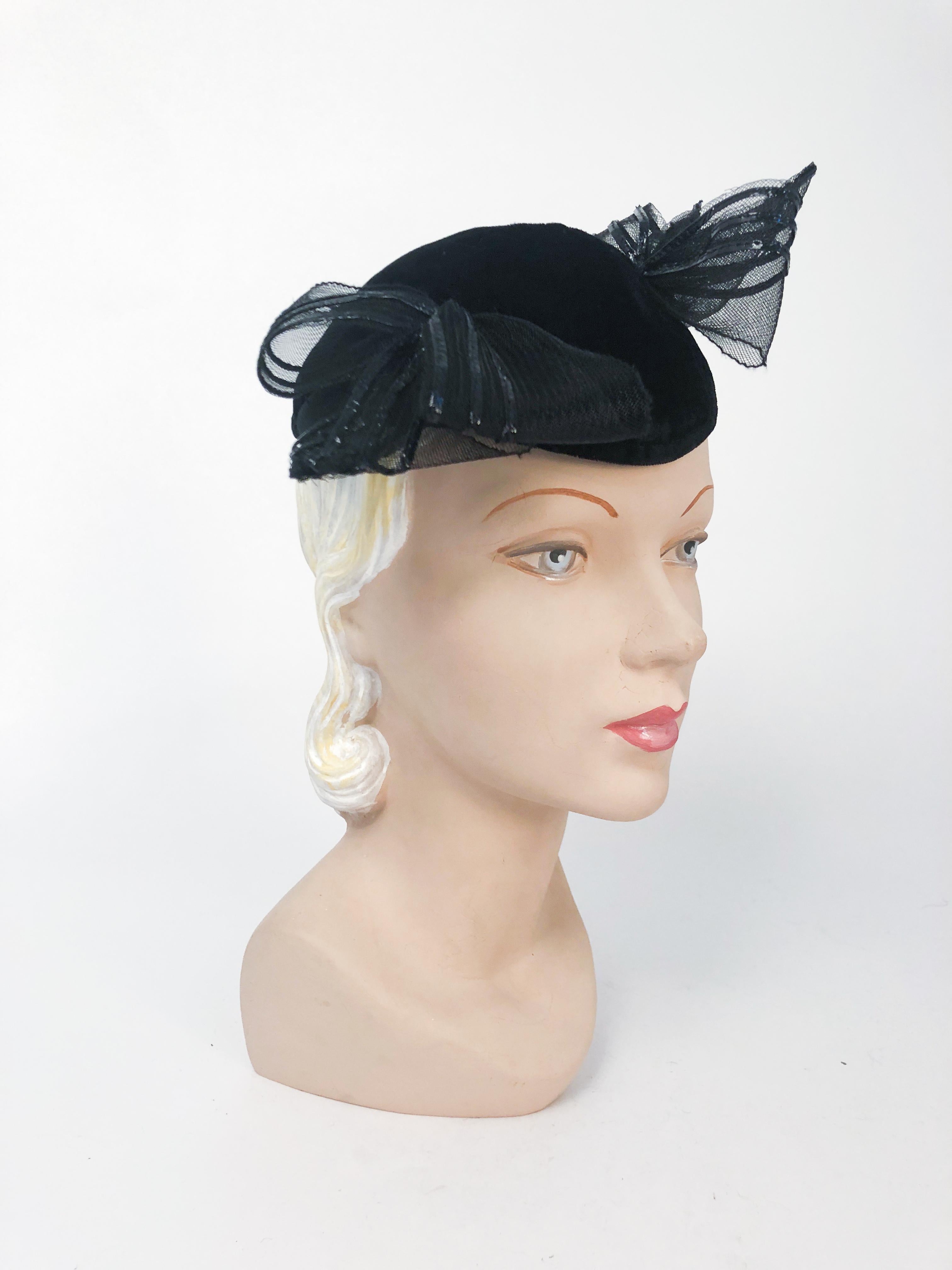 1930s Black Velvet Cocktail hat with Horsehair bows and coated straw trimmings.