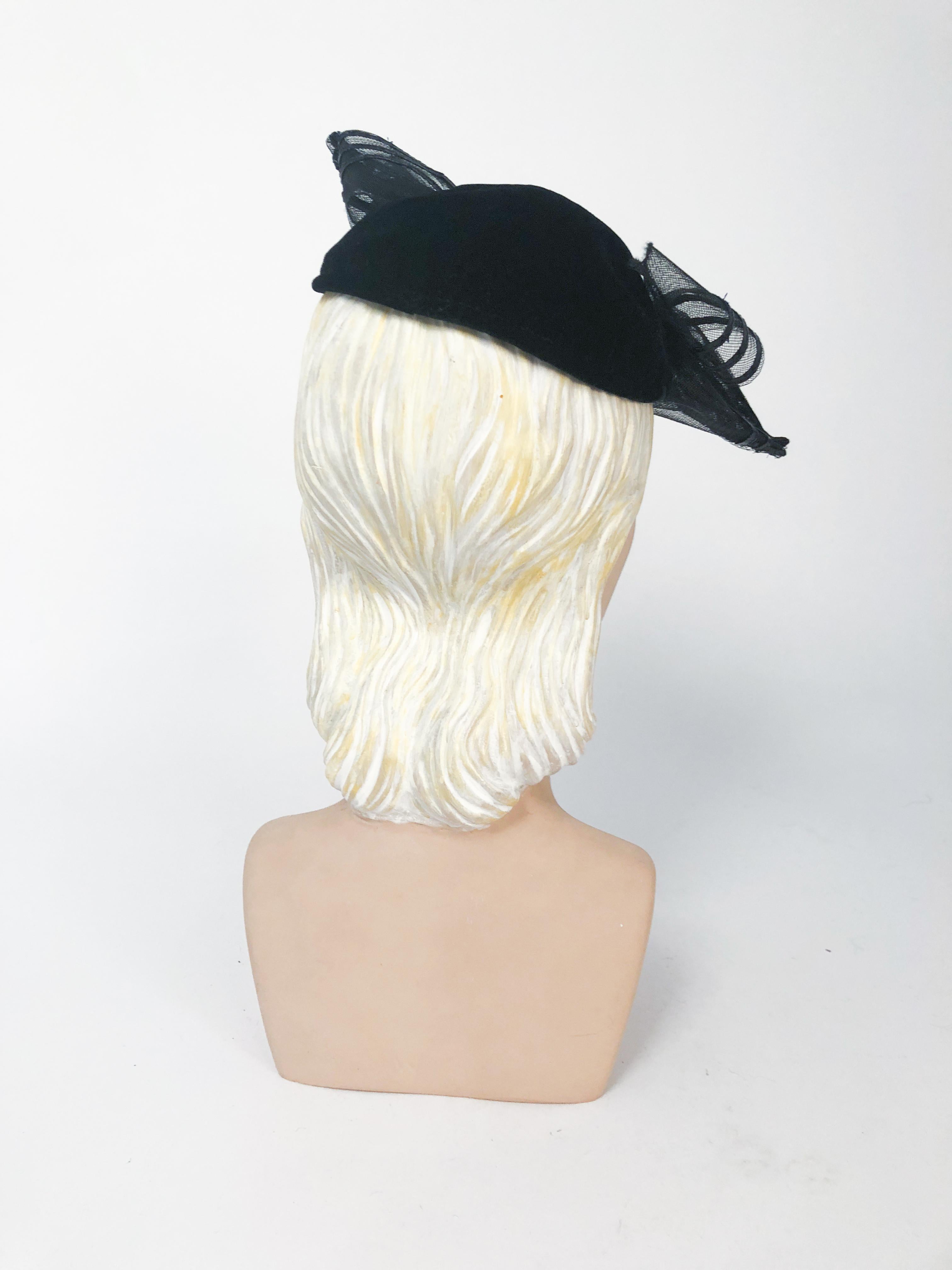 Women's 1930s Black Velvet Cocktail hat with Horsehair bows