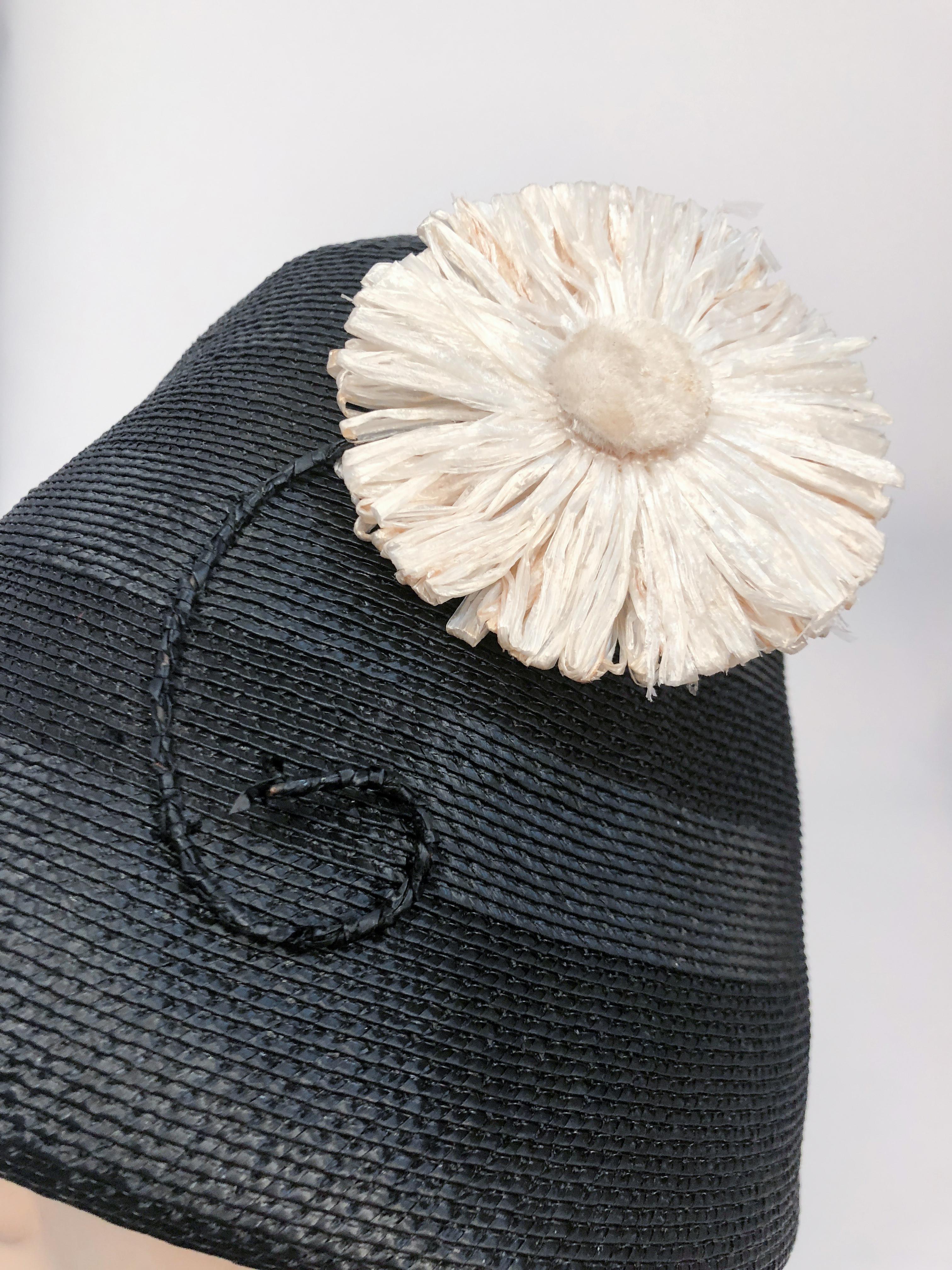 1960s Black Woven Straw Cloche Hat with Decorative Whimsical Daisy 1
