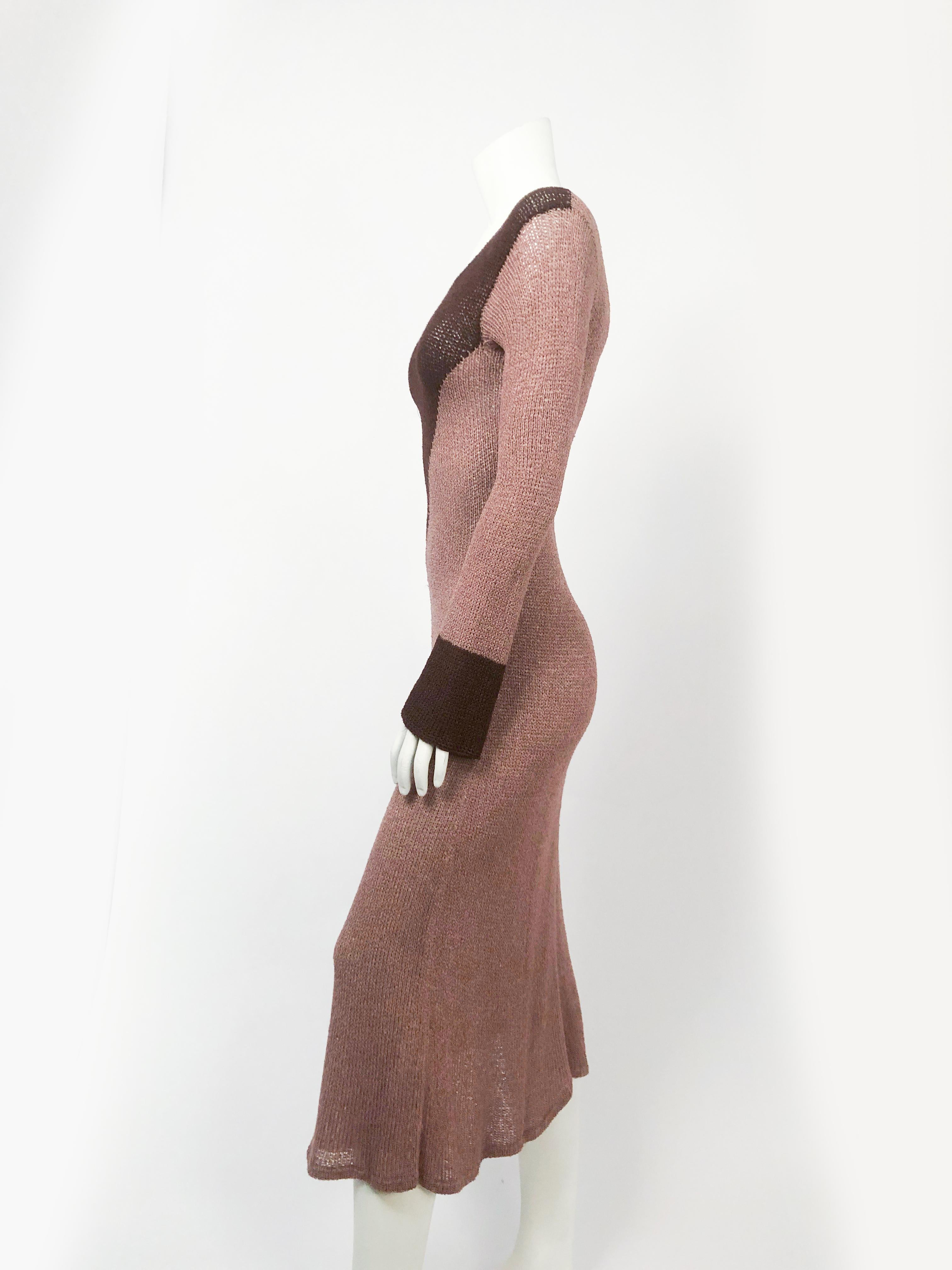 Chocolate and cocoa brown color block cable knit dress with bell full-length sleeves