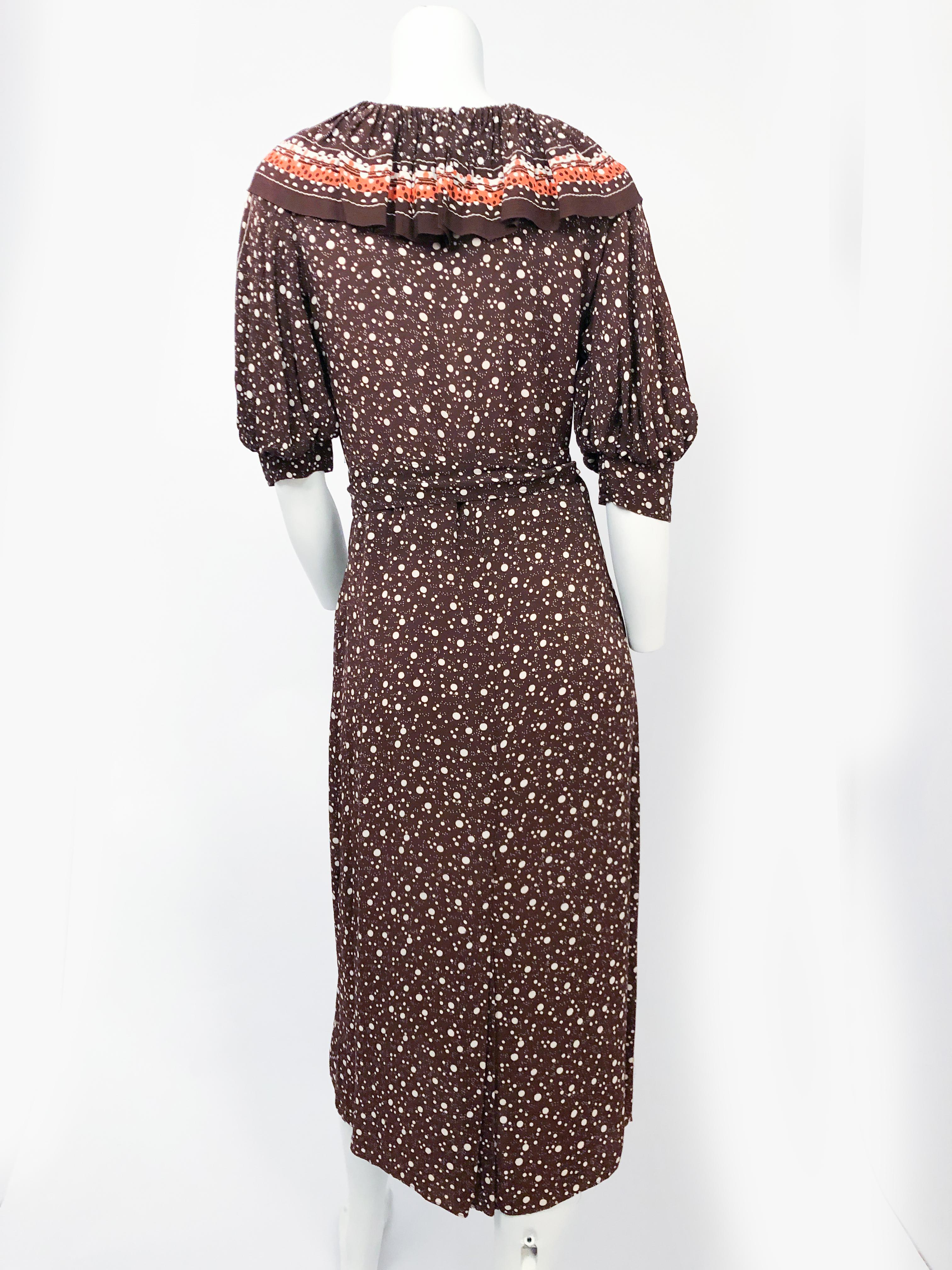 Black 1930s Brown Polka Dot Printed  Crepe Dress