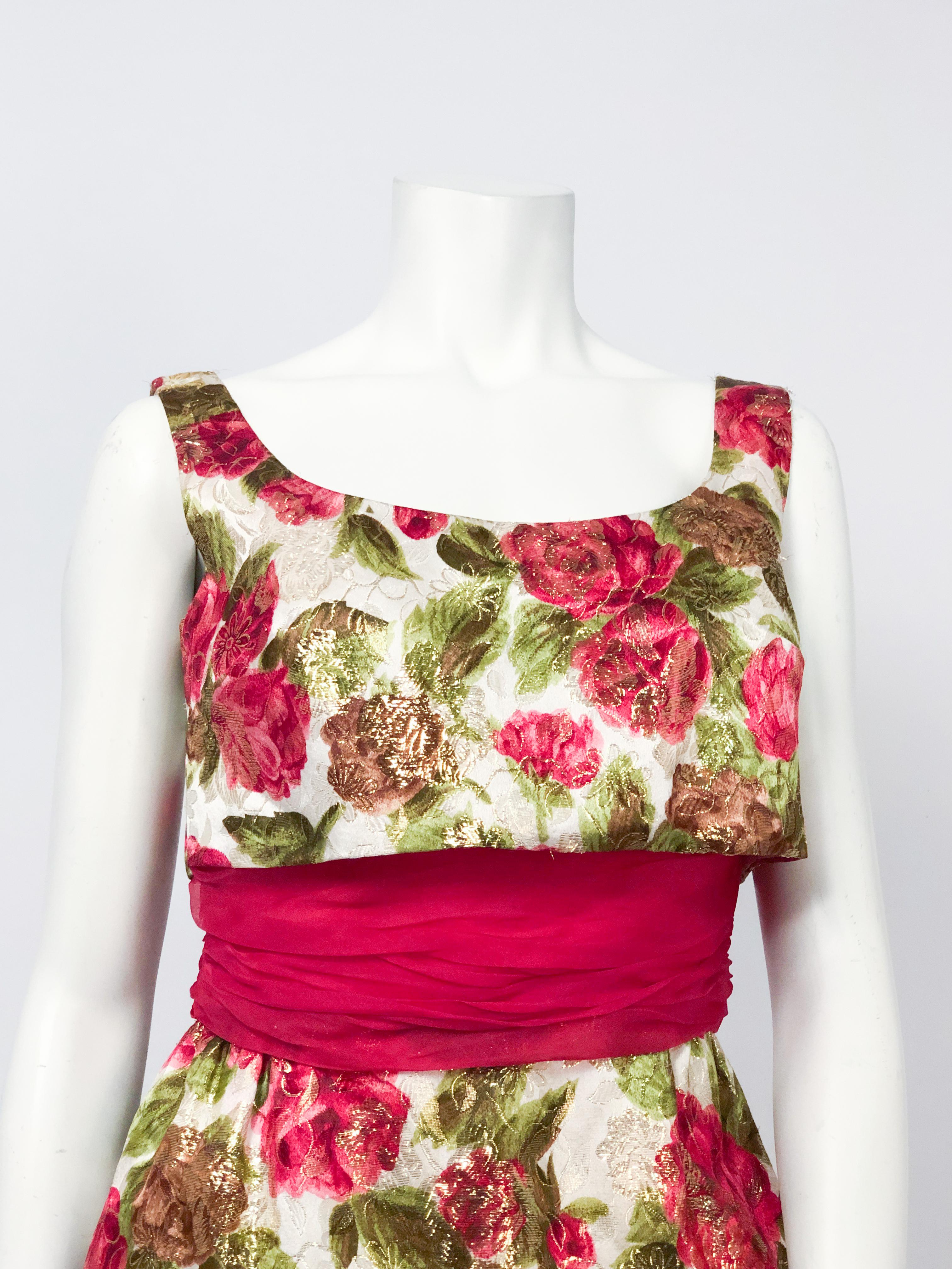 1960s Floral Printed Dress With Metallic Brocade floral design, bandeau bodice, and fuchsia ruched chiffon waist sash band 