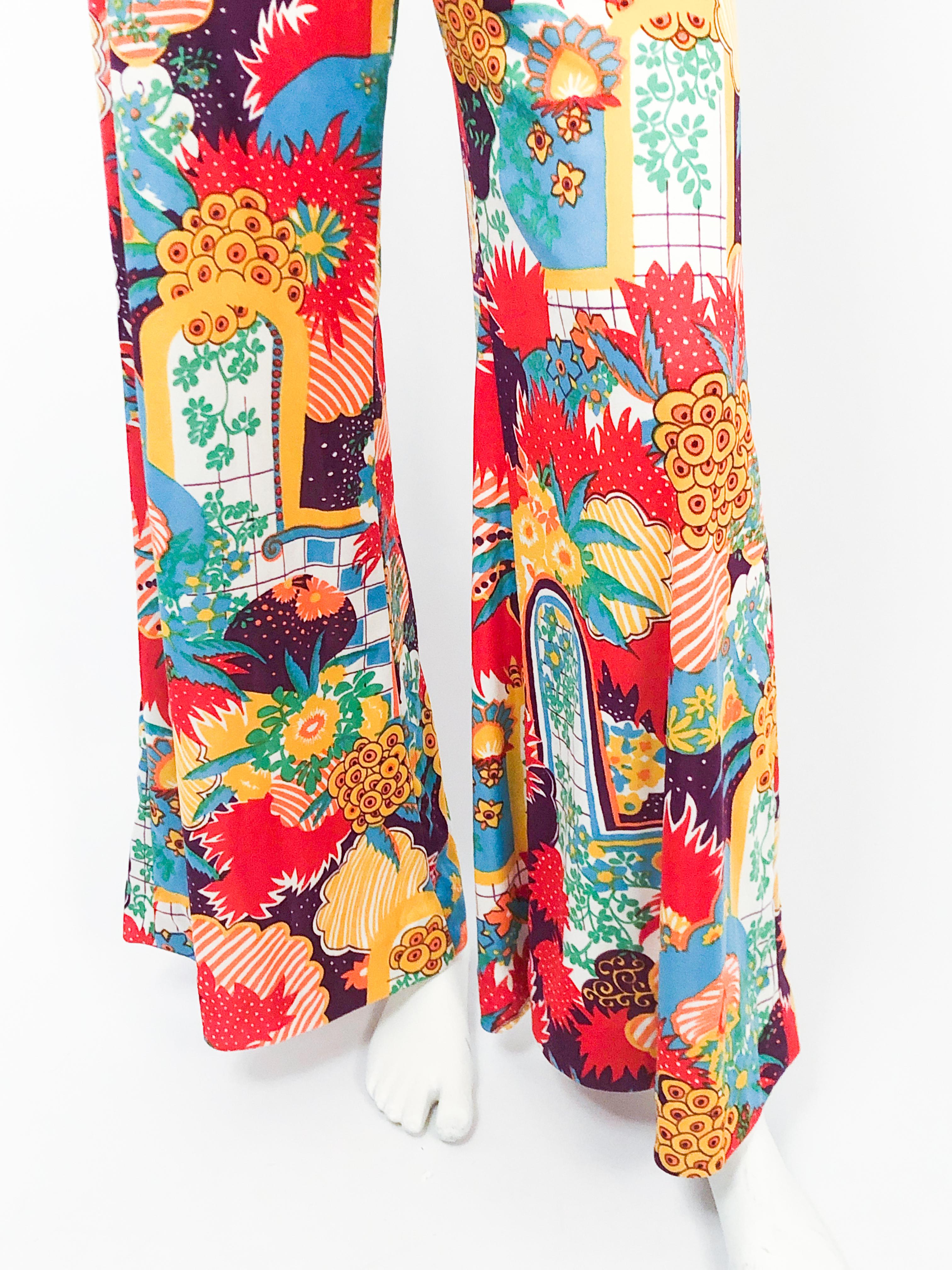 1970s Multi-colored Printed Wide Legged Pants with elastic band and psychedelic print
