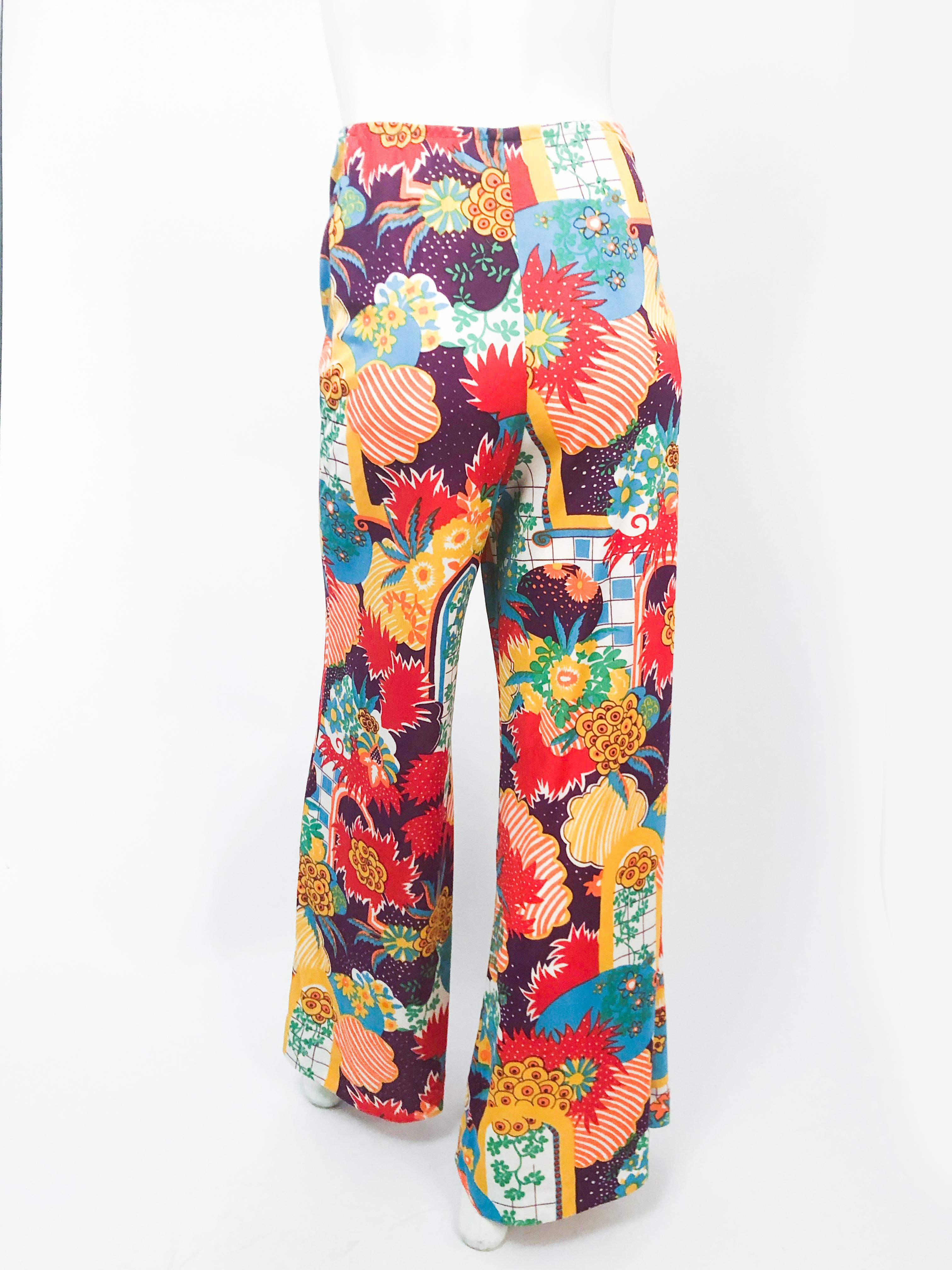 1970s Multi-colored Printed Wide Legged Pants For Sale at 1stDibs