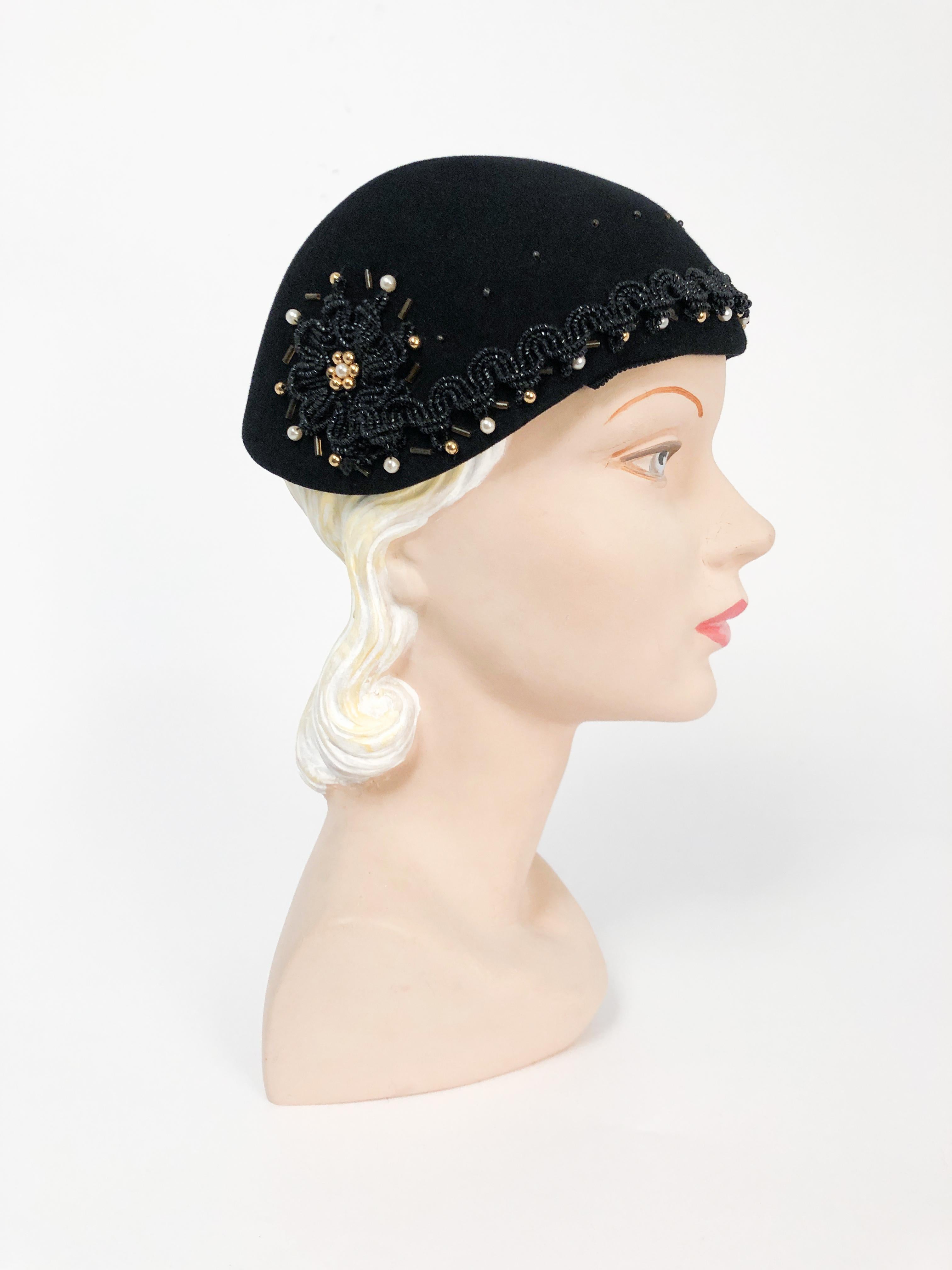 1930s Black Fur Felt Skull Cap with hand Beadwork in black gold and pearl design.