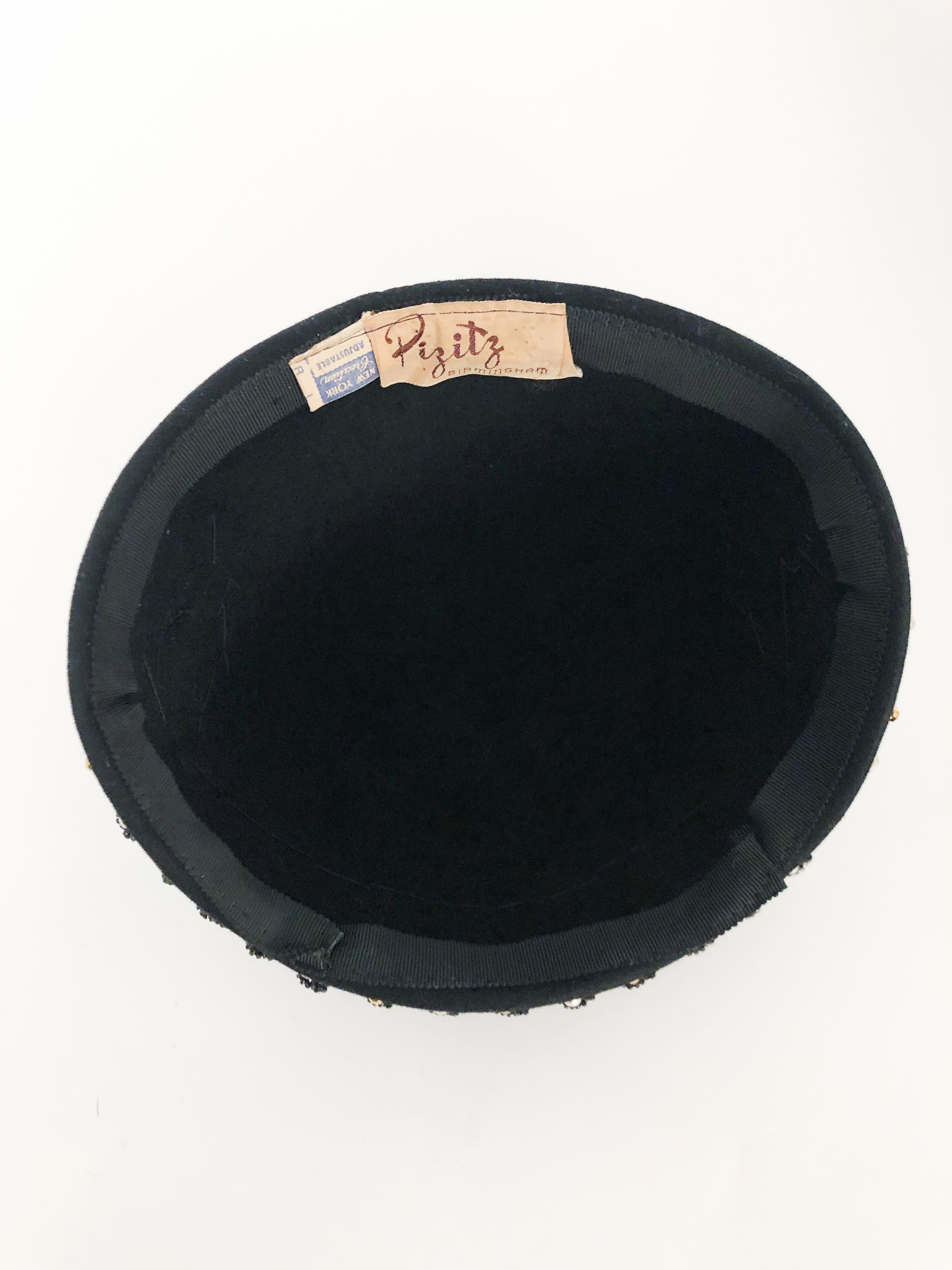 1930s Black Fur Felt Skull Cap with Beadwork  In Good Condition For Sale In San Francisco, CA