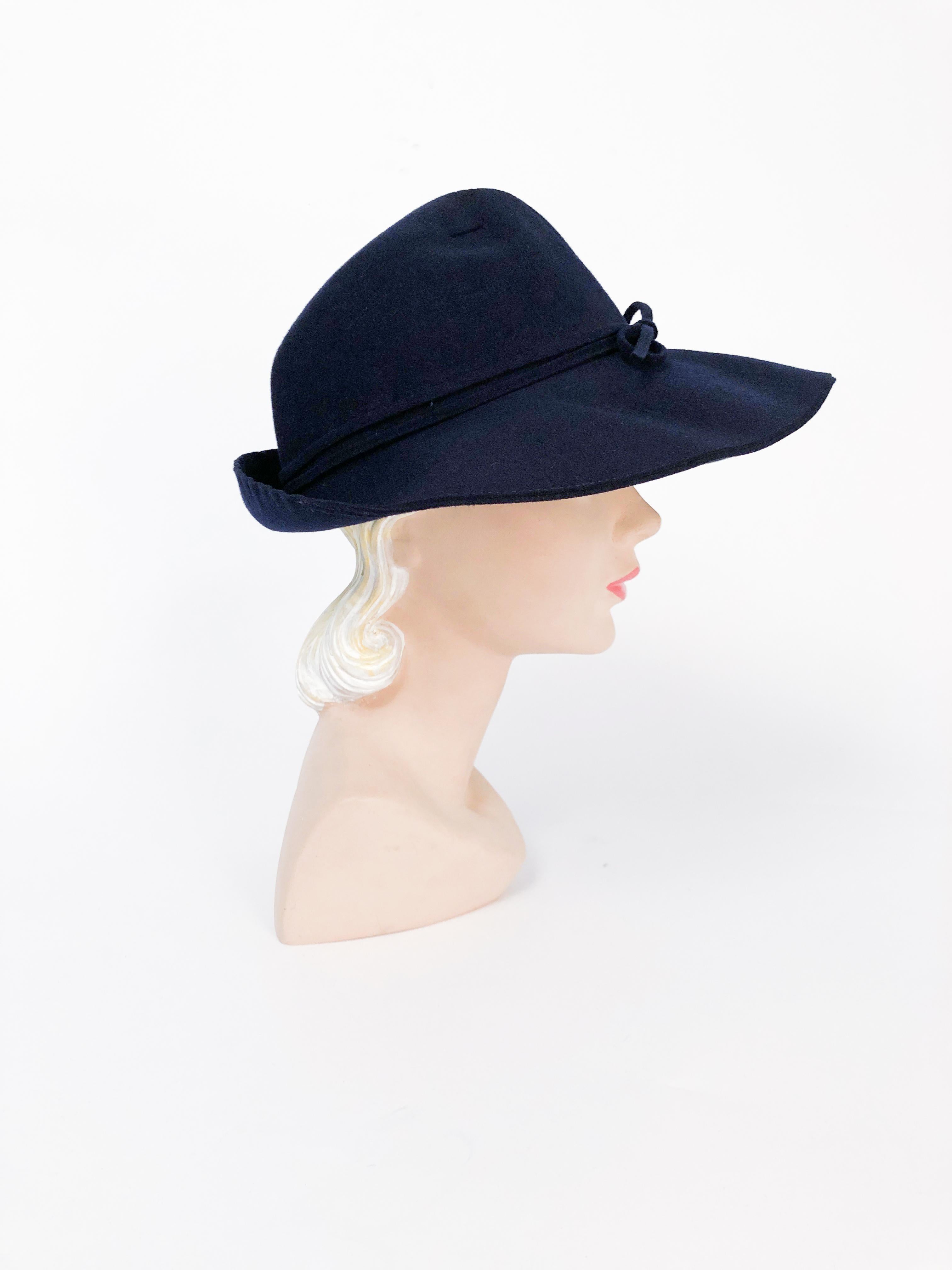 1930s Navy Wide Brimmed Fedora WIth Lacing Detail and curled brim