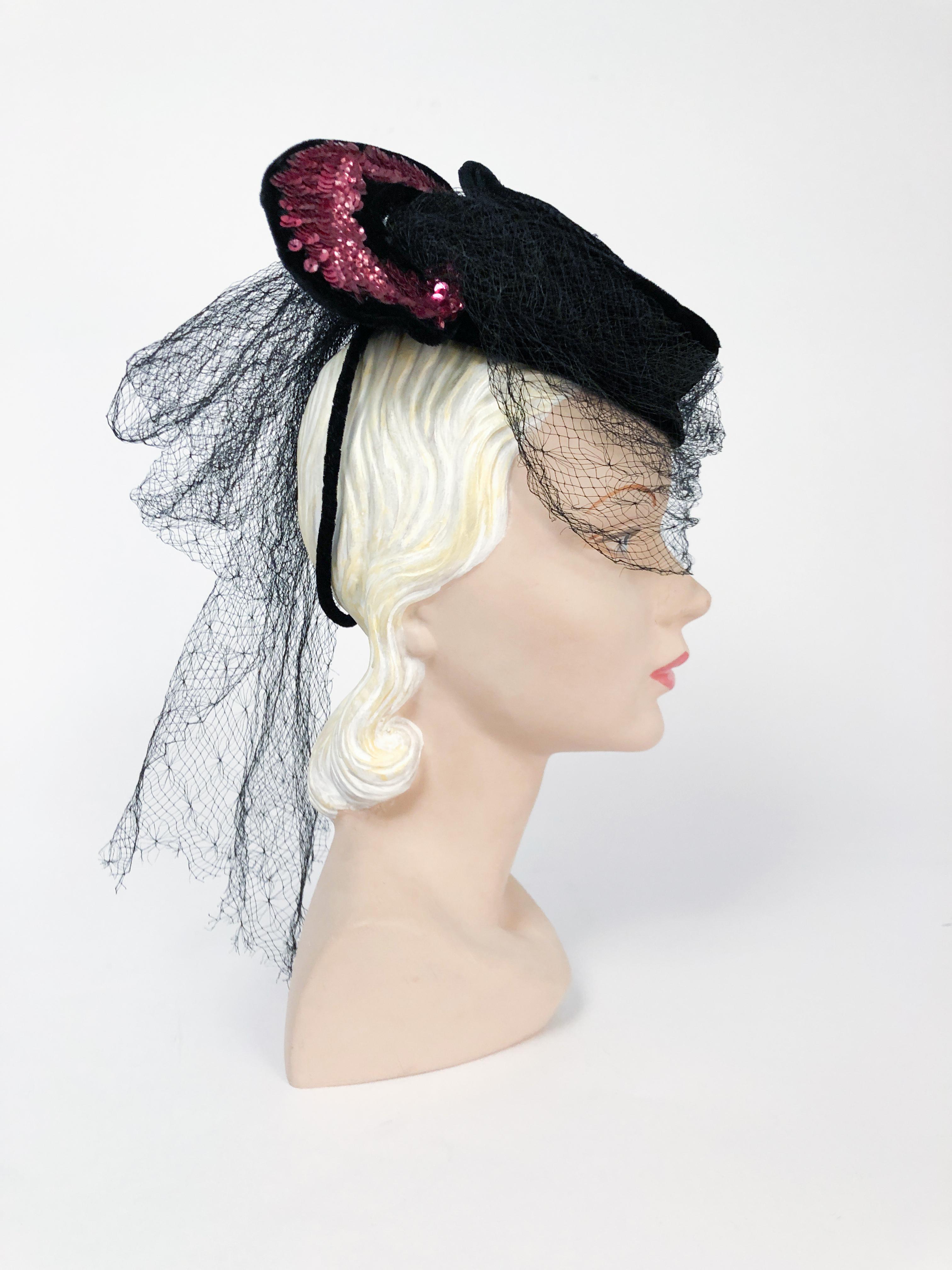 1940s Black Velvet Hat With Magenta Sequin Wings and Draped Veil In Good Condition In San Francisco, CA