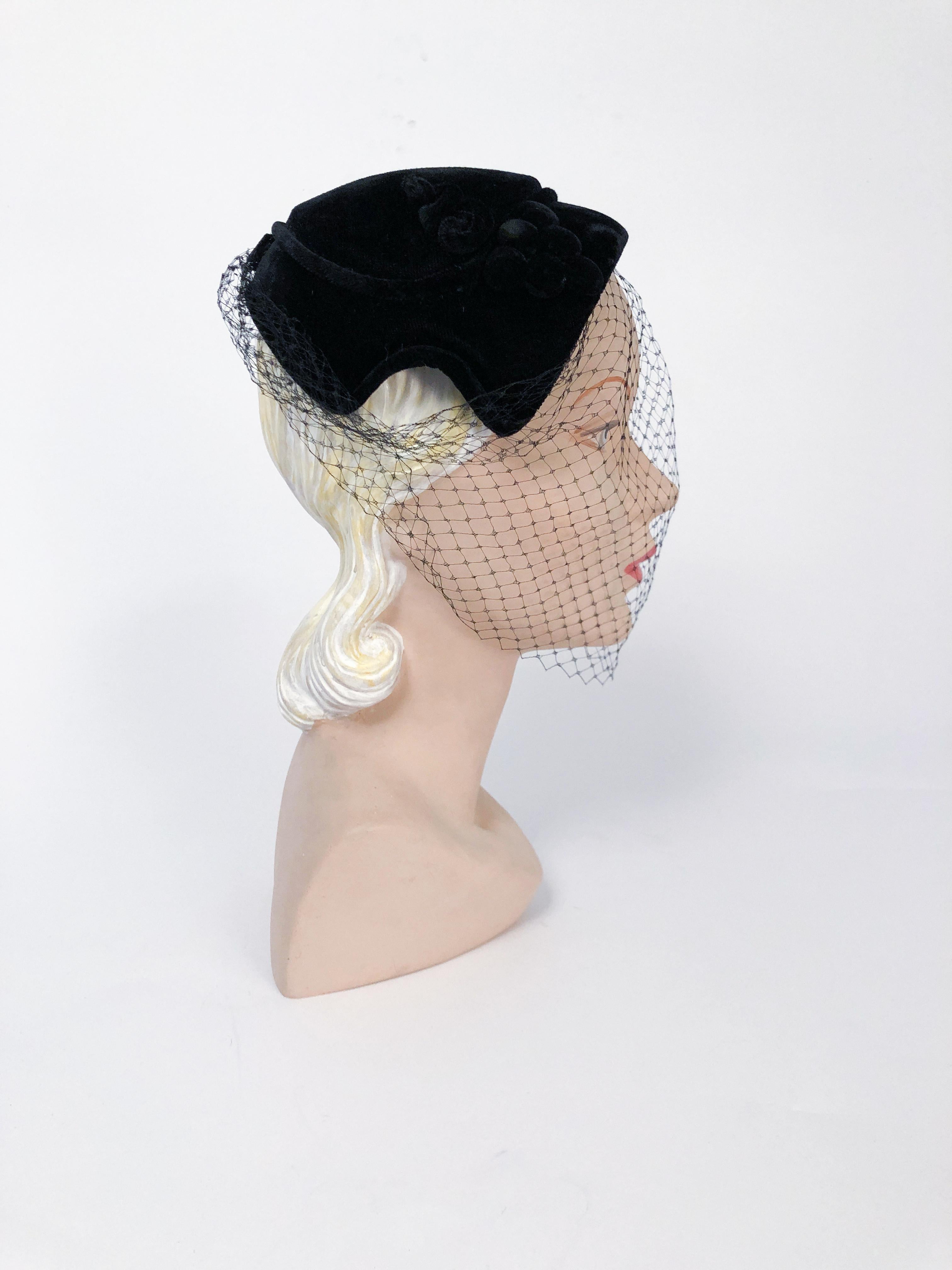 Women's 1950s Black Velvet Cocktail Hat with Tie Back Net