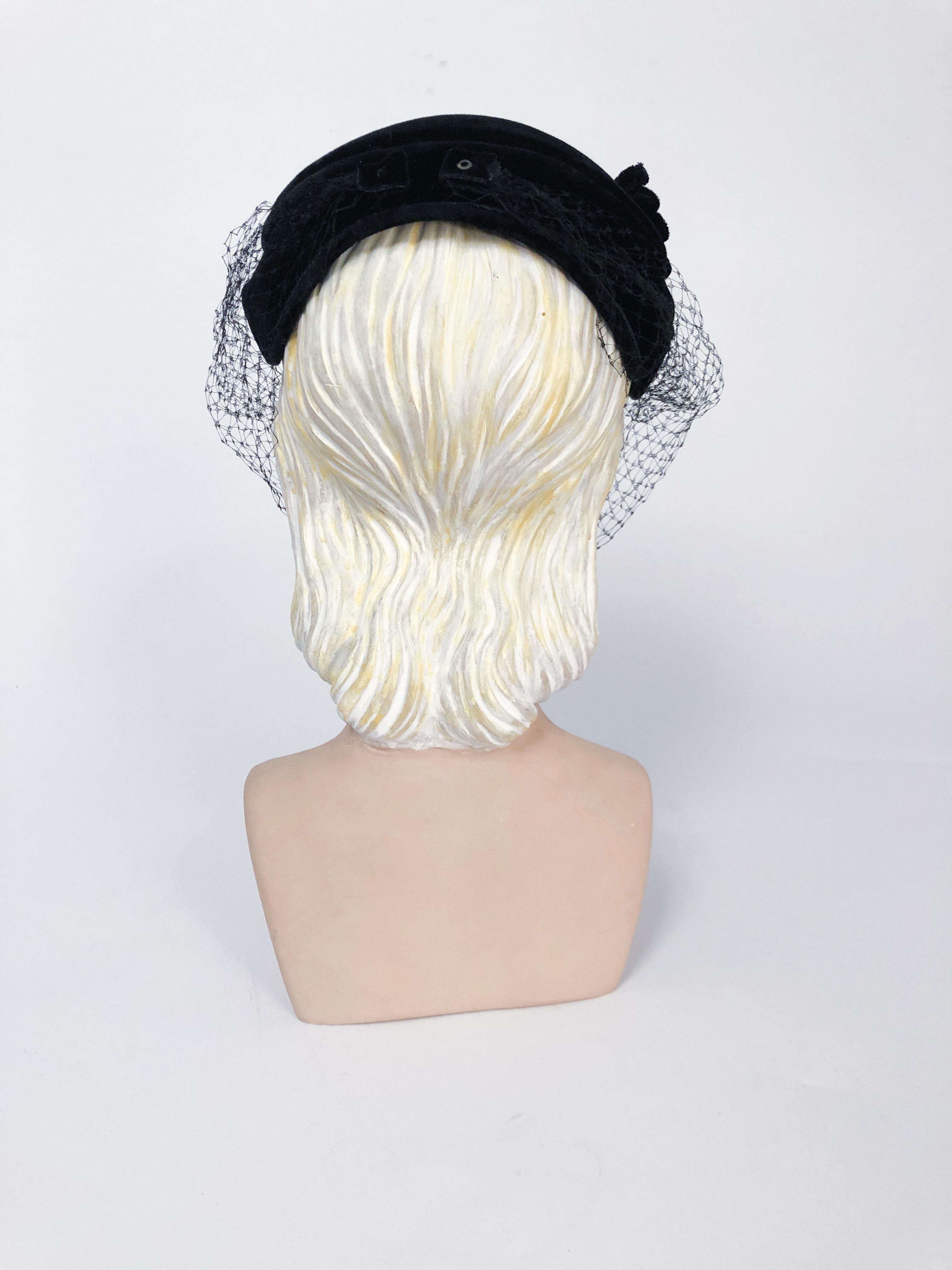 1950s Black Velvet Cocktail Hat with Tie Back Net 1