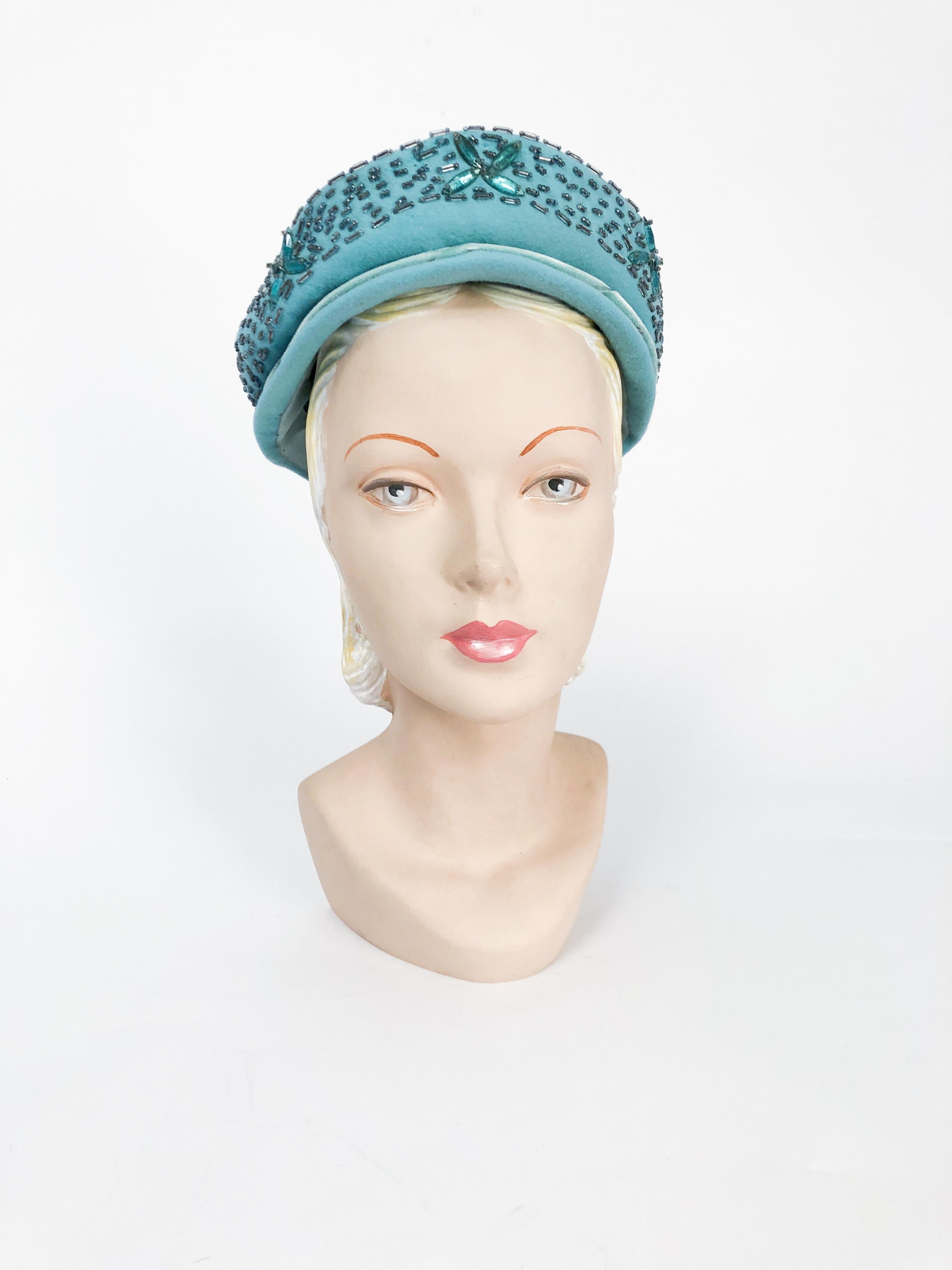 1940s Robin Egg Blue Felt Hat with Beadwork, silk velvet cording, applied felt accents and a matching hat pin.