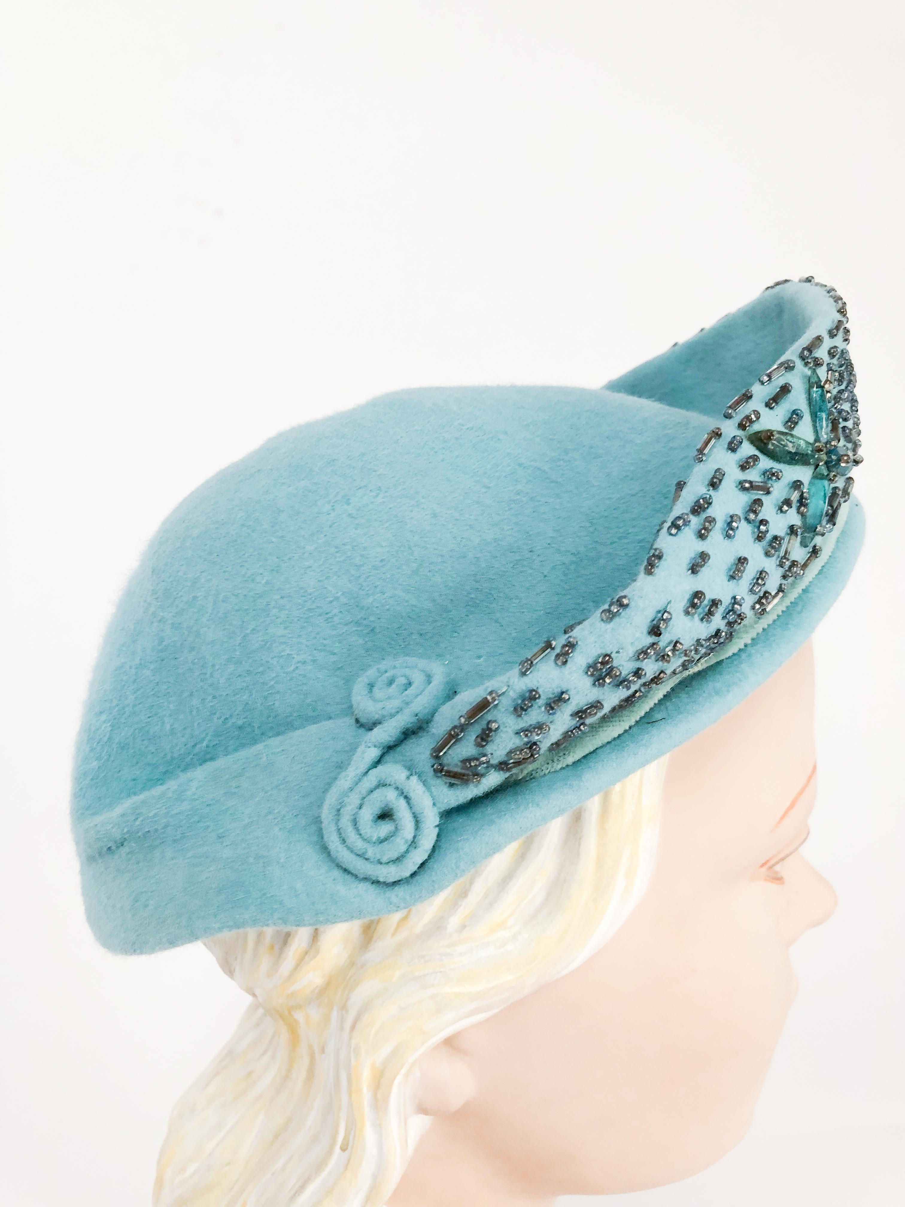 1940s Robin Egg Blue Felt Hat with Beadwork In Good Condition For Sale In San Francisco, CA