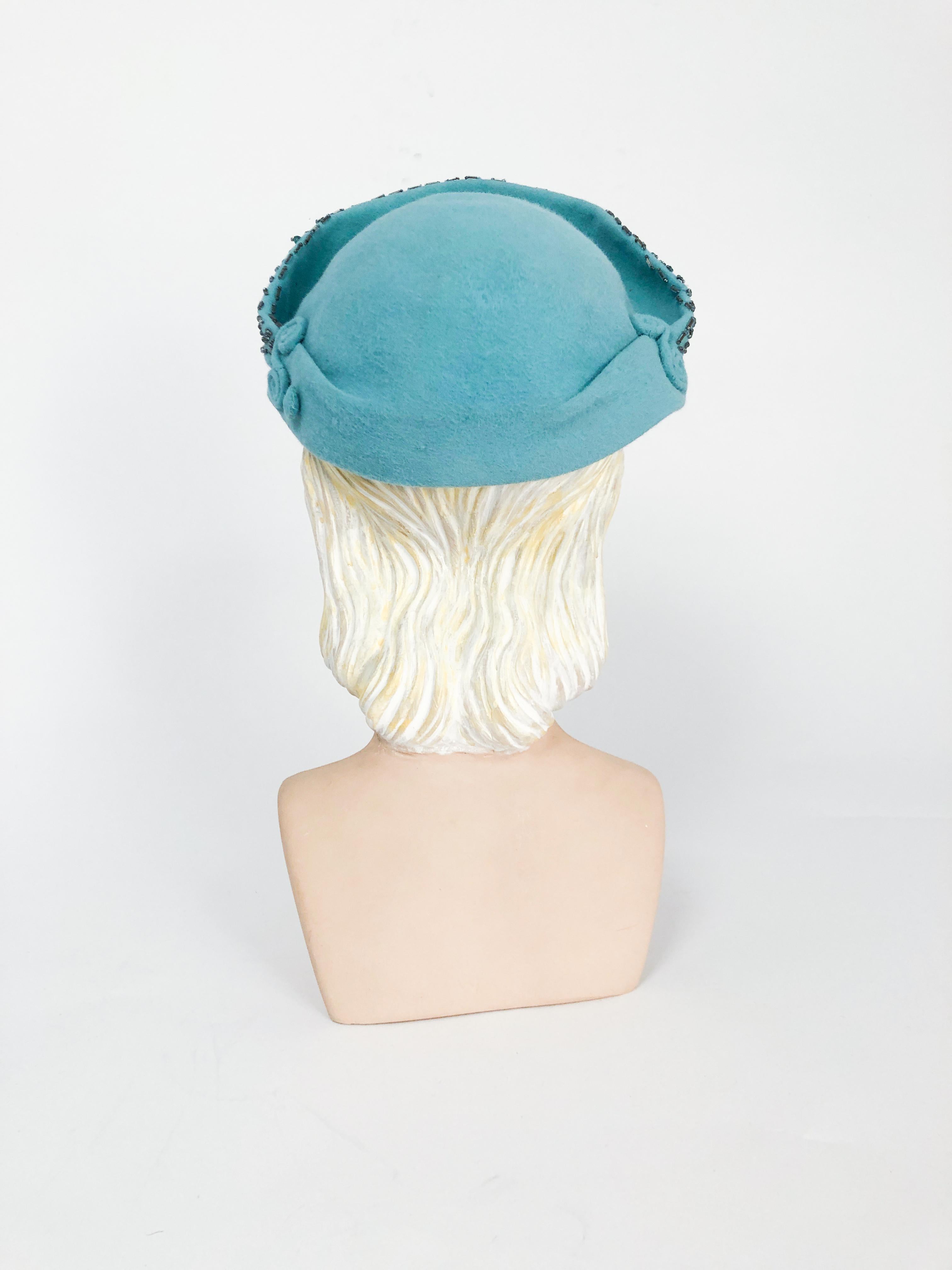 Women's 1940s Robin Egg Blue Felt Hat with Beadwork For Sale