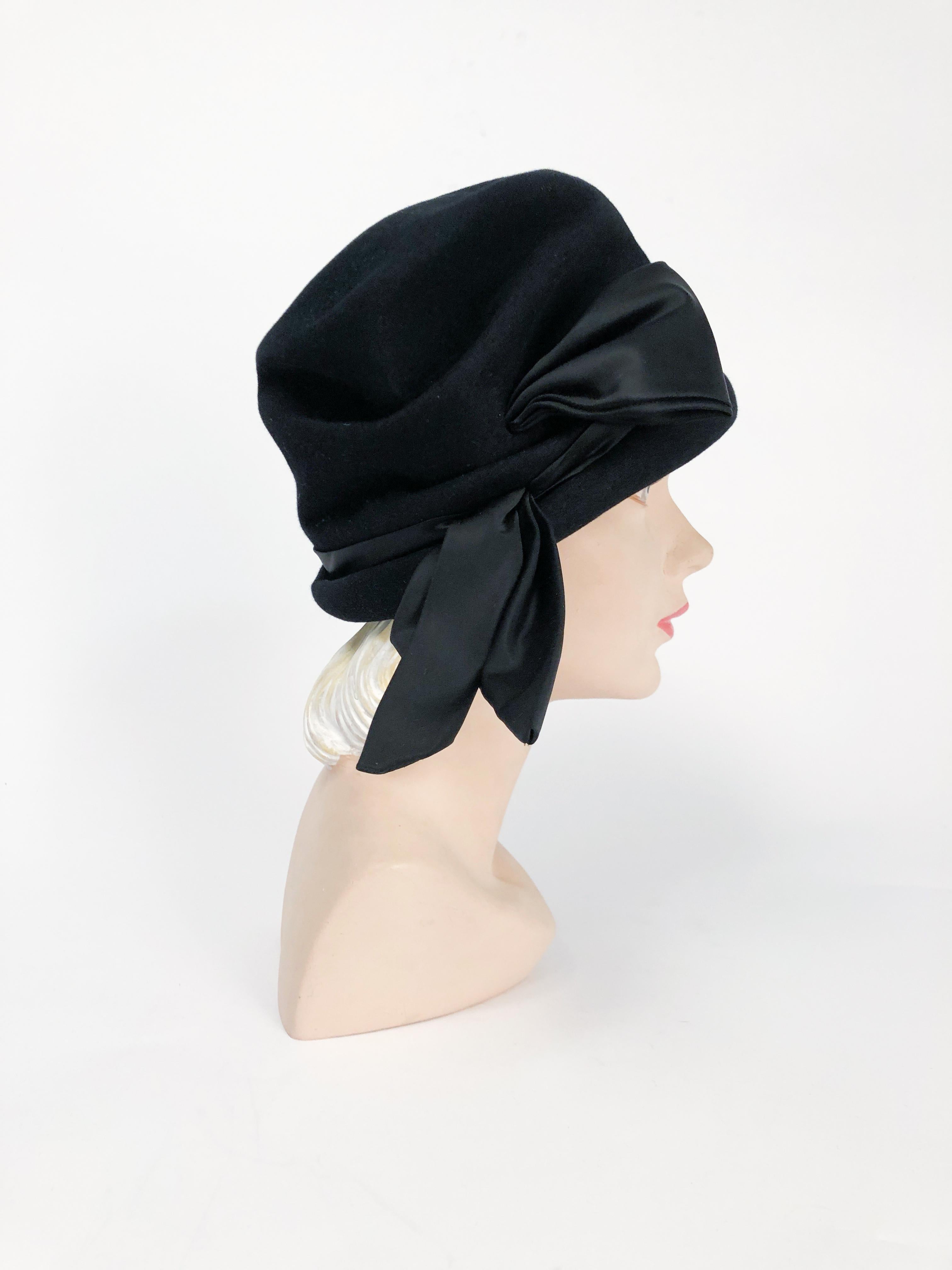 Women's 1960s Lilli Black Cashmere Cloche with Satin Charmeuse Bow and Band