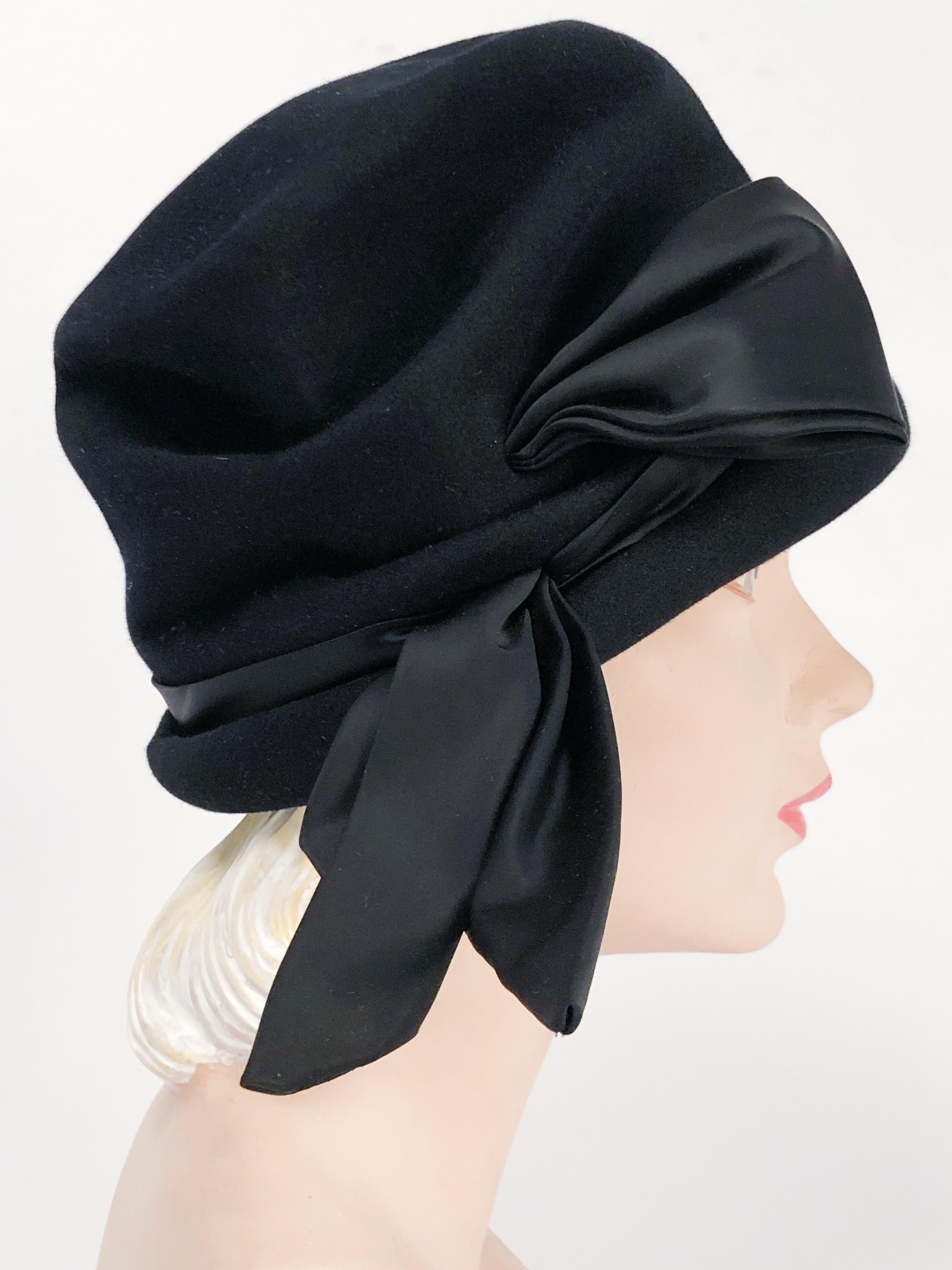1960s Lilli Black Cashmere Cloche with Satin Charmeuse Bow and Band 1