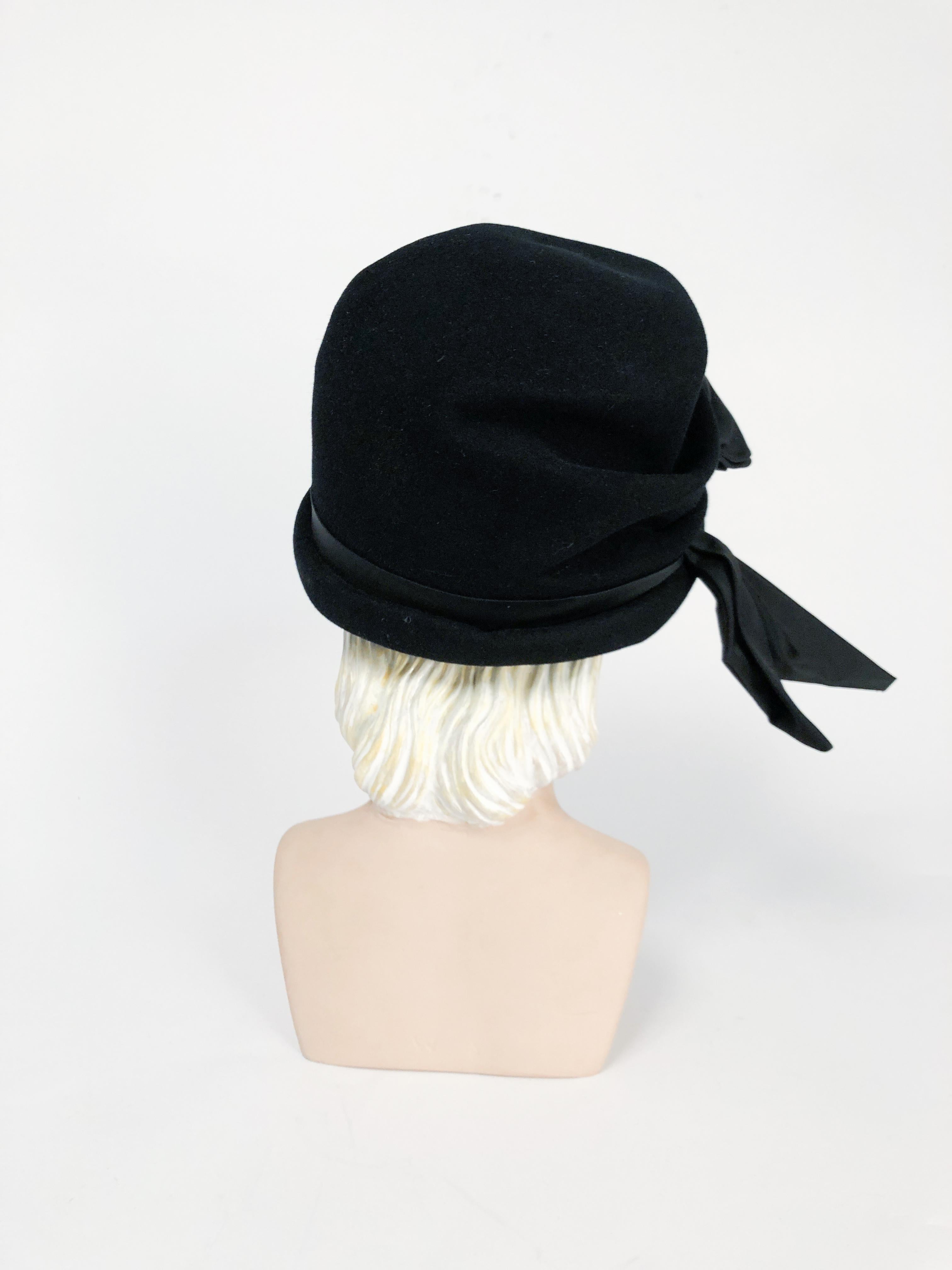 1960s Lilli Black Cashmere Cloche with Satin Charmeuse Bow and Band 2