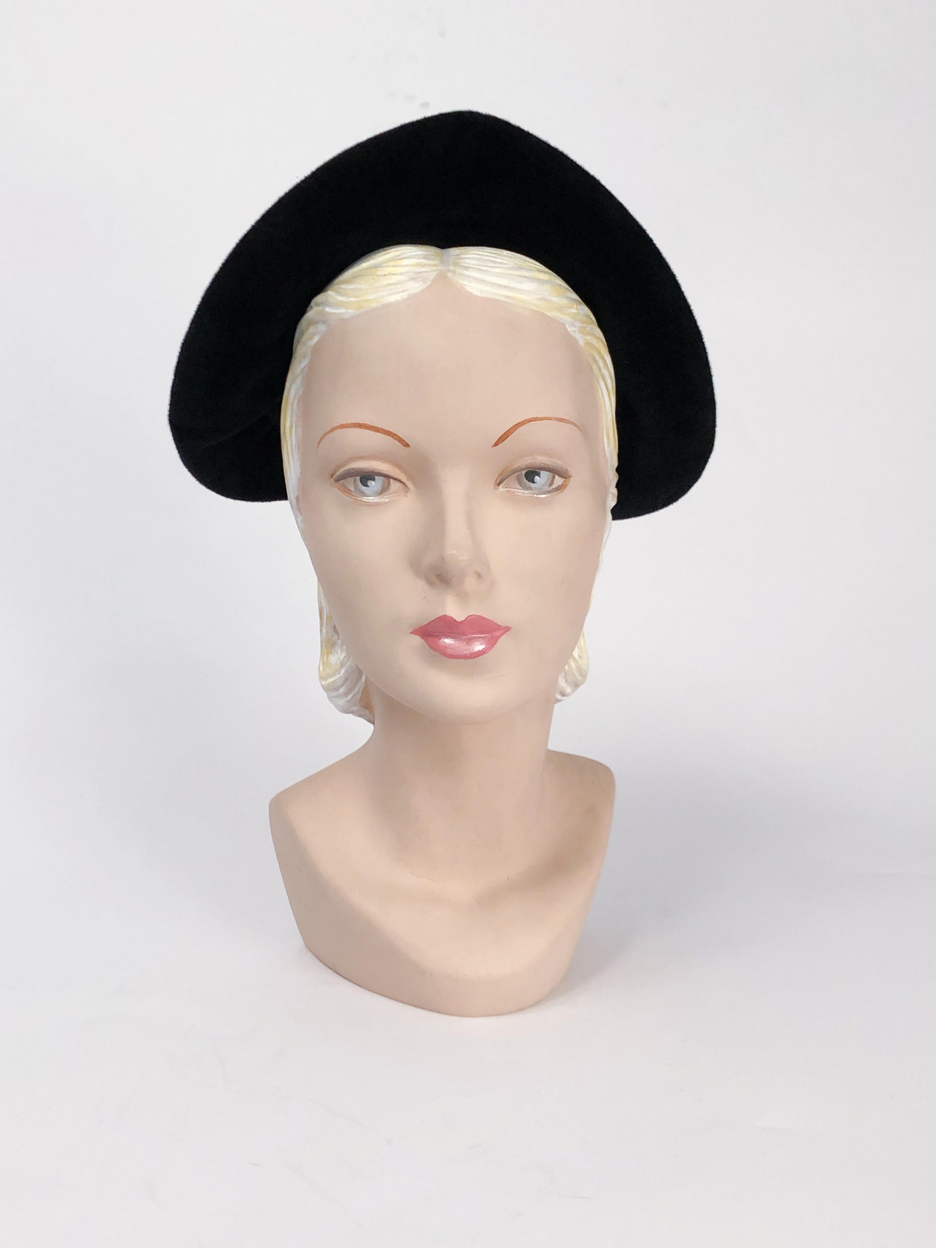 1940s Hattie Carnegie Black Velvet Hat with grosgrain band and peaked brim