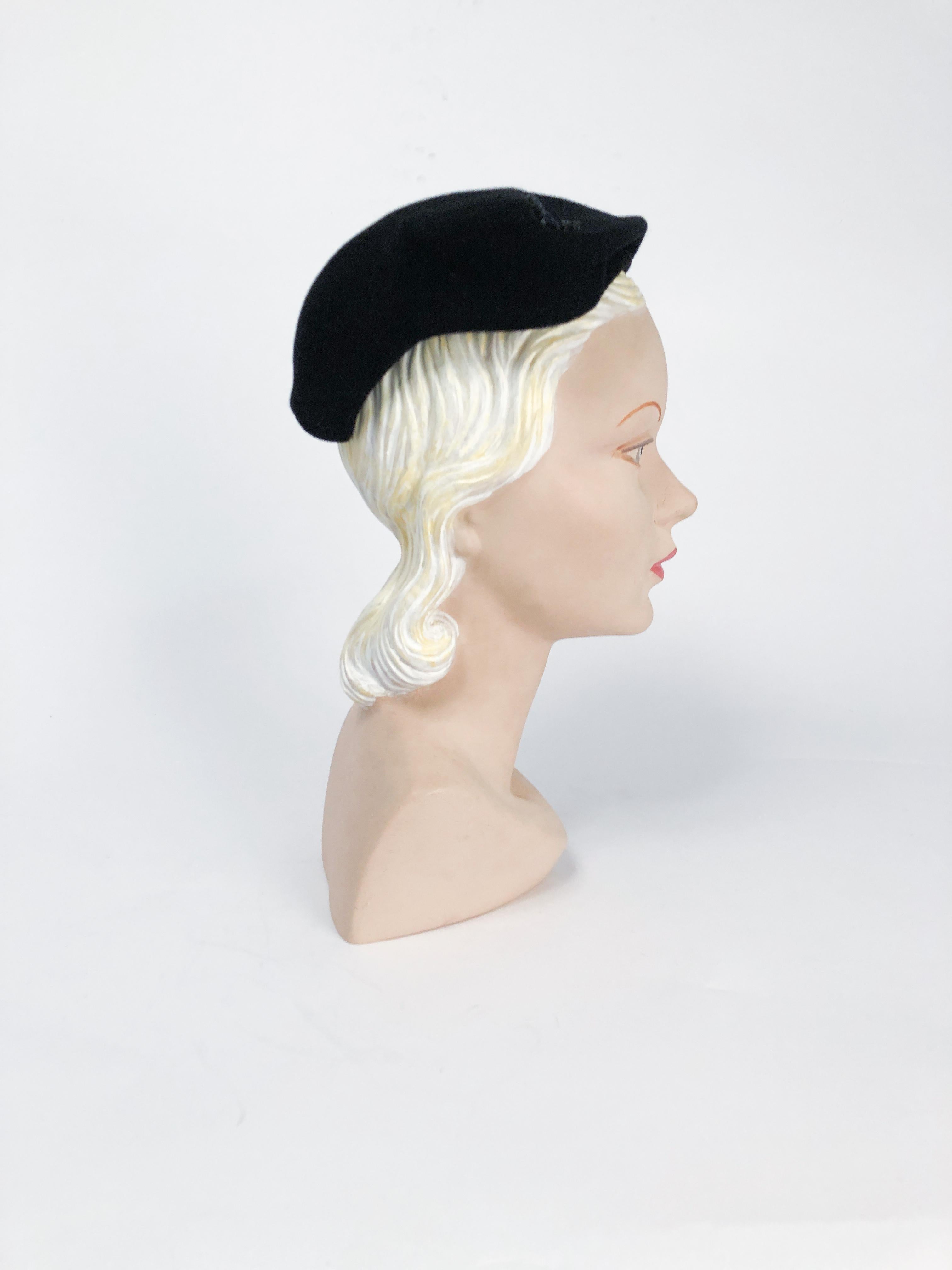 1950s Black Cashmere Sculptured Hat with Beadwork In Good Condition For Sale In San Francisco, CA