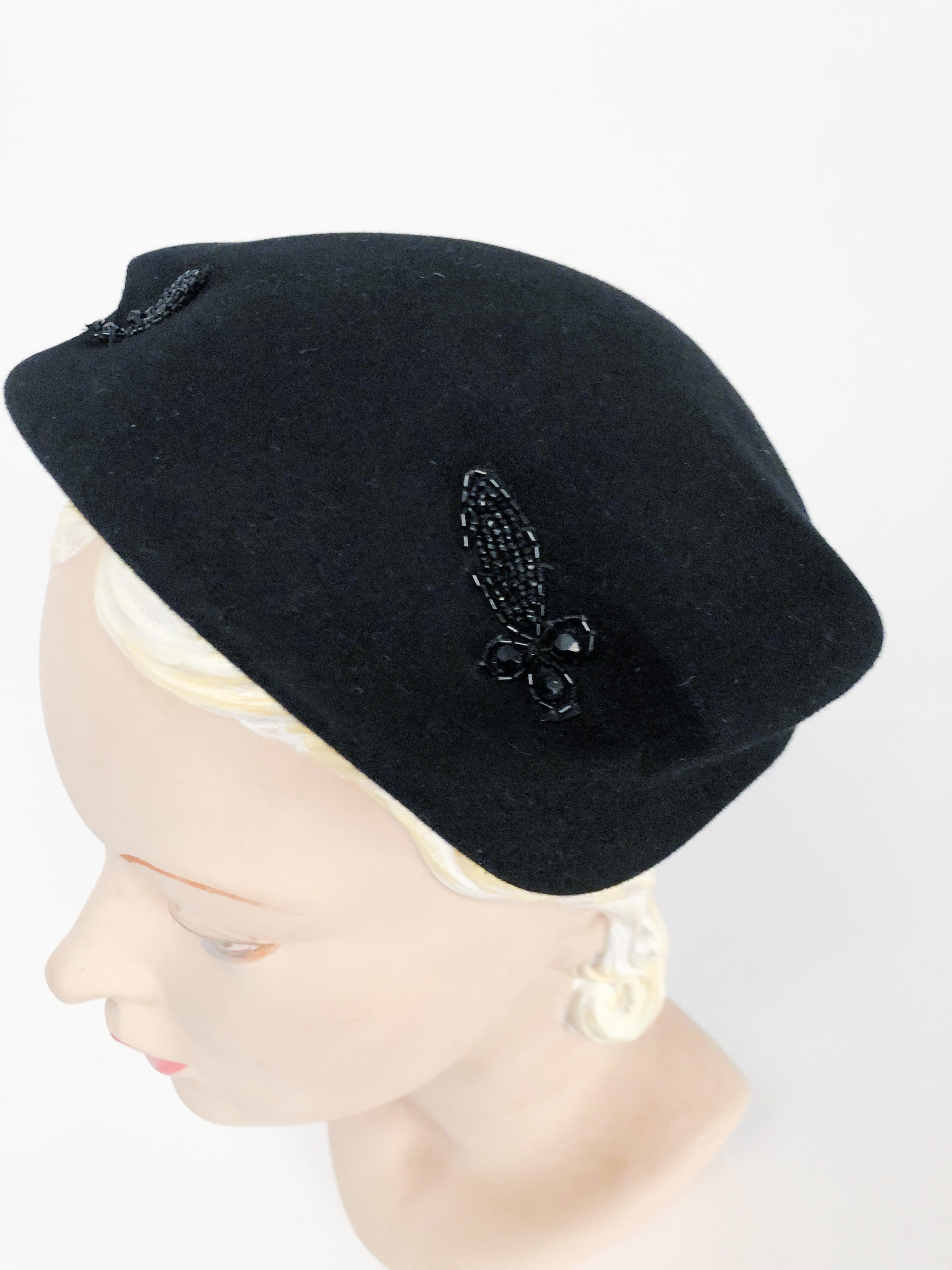 1950s Black Cashmere Sculptured Hat with Beadwork For Sale 1