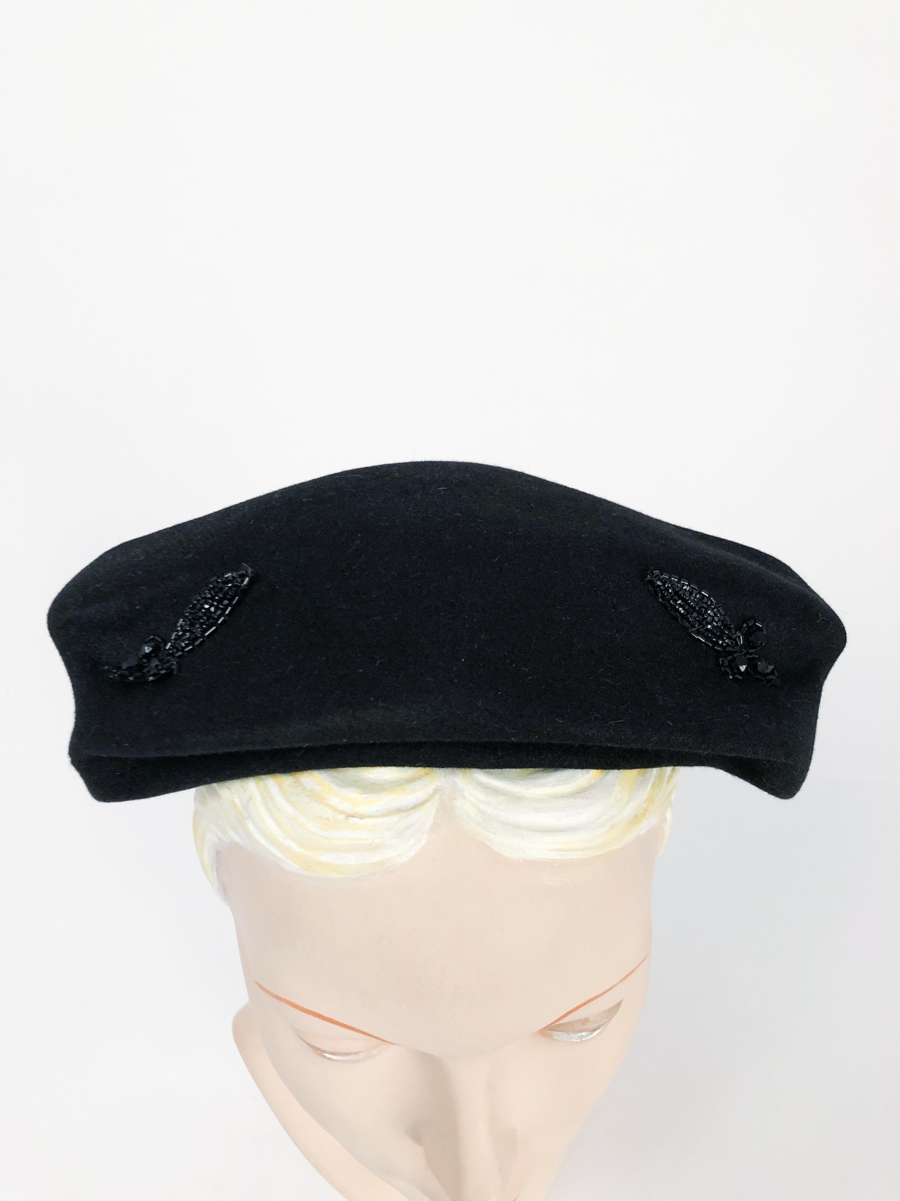 1950s Black Cashmere Sculptured Hat with Beadwork For Sale 2