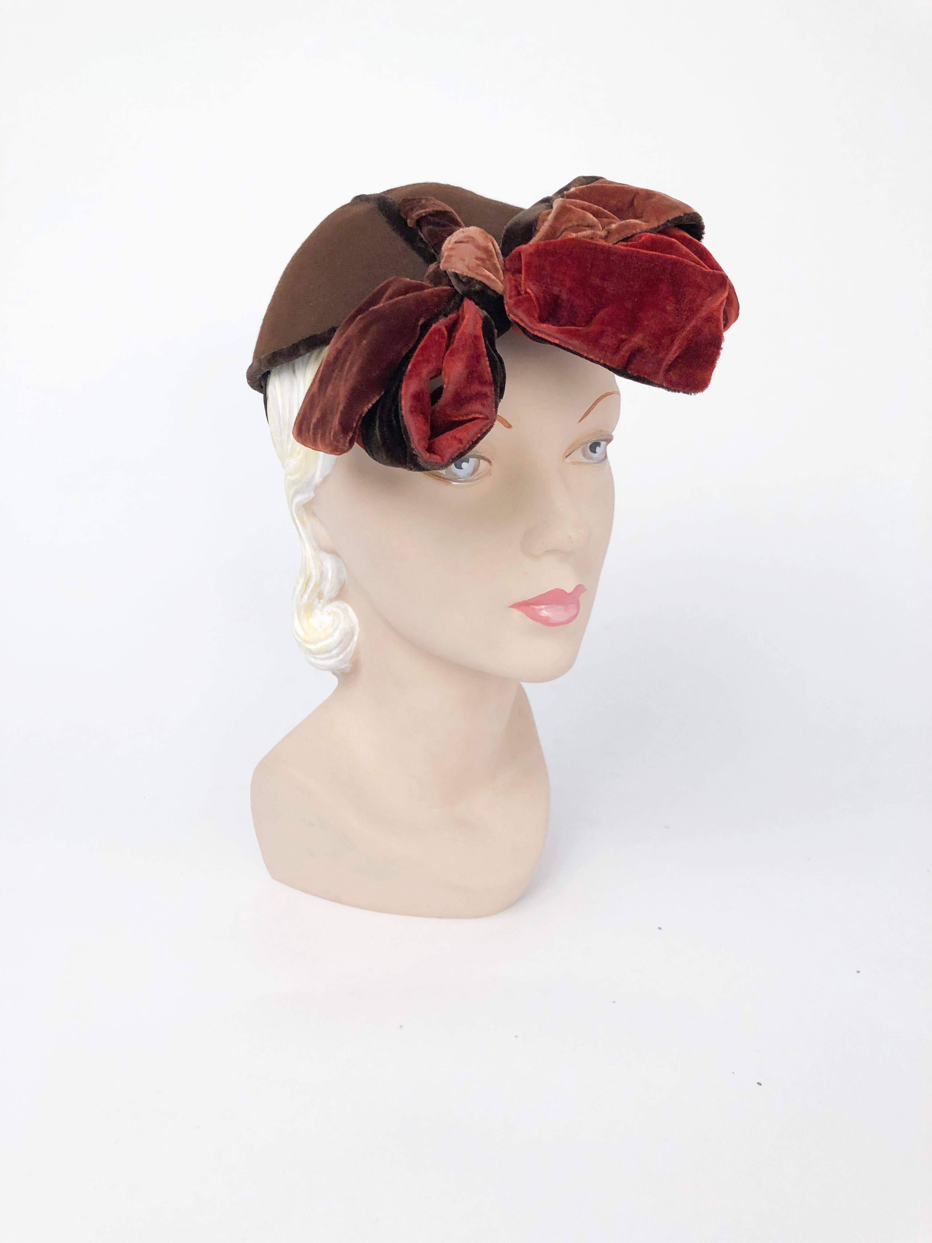 1930s Brown Cashmere Perch Hat with silk velvet rolled trim and multicolored silk velvet handmade bow