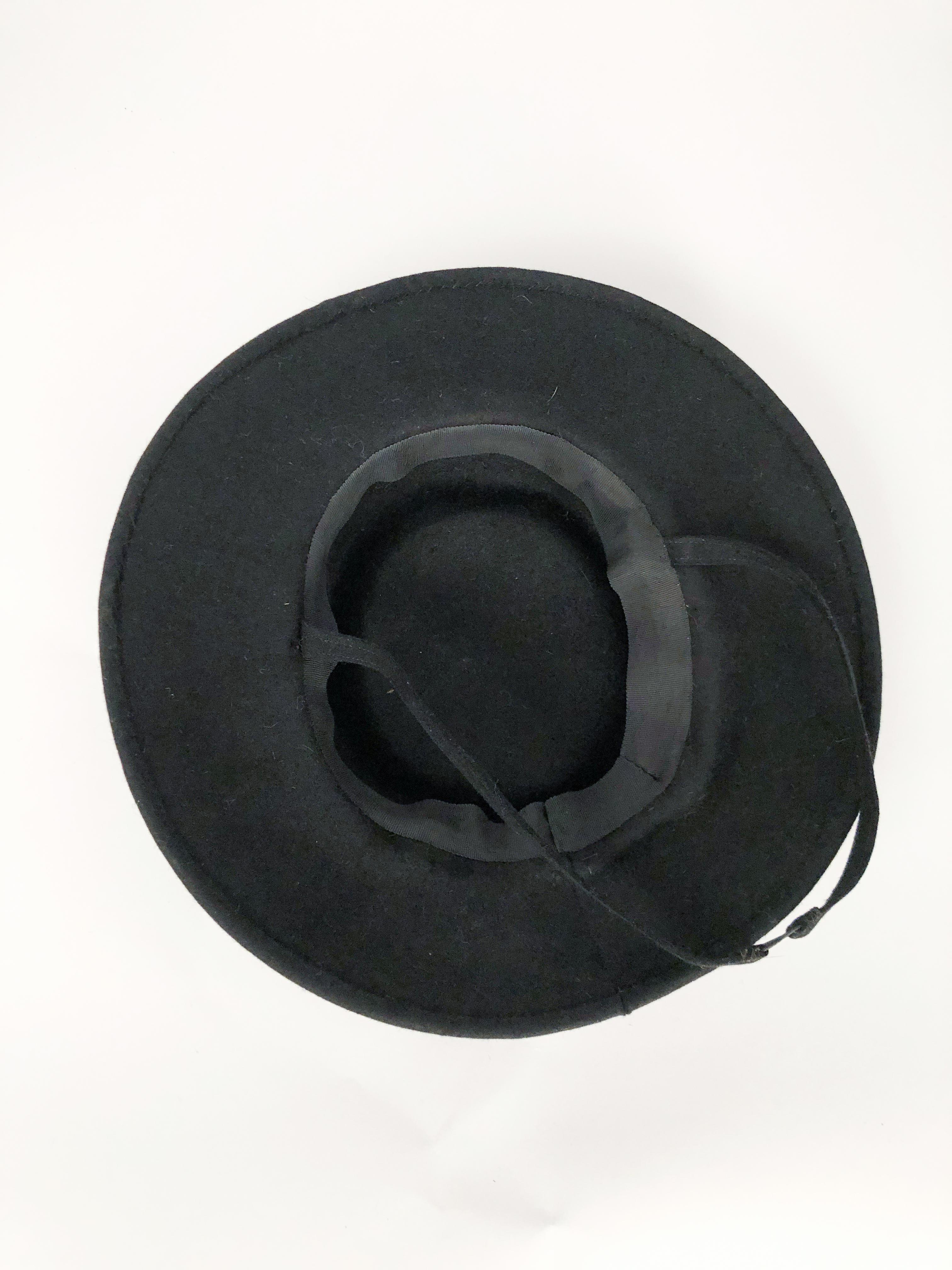 1940s Black Cashmere Hat With Silk Satin Band and Rhinestone Accent For Sale 1