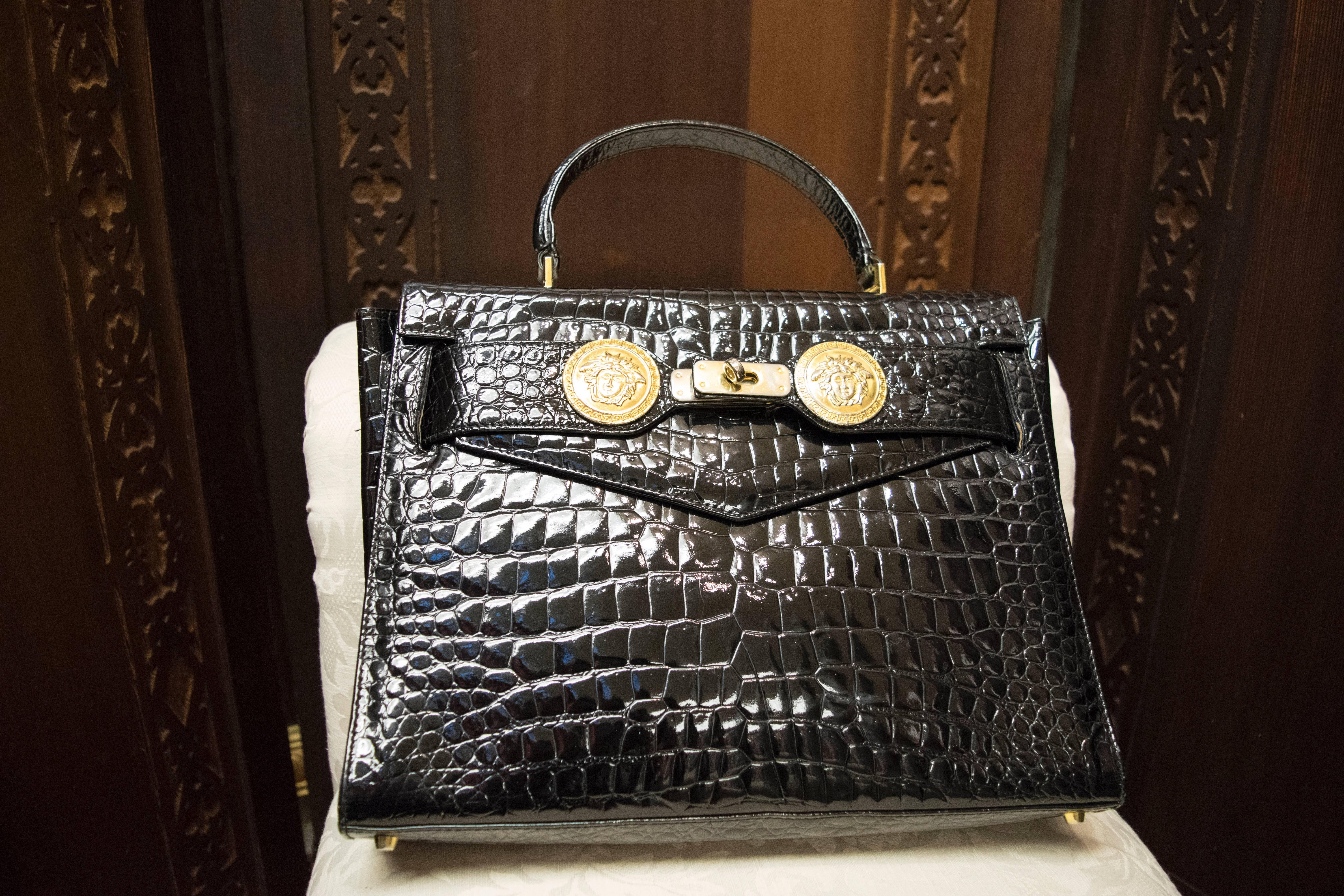 Black 1980s Gianni Versace Embossed Crocodile Handbag