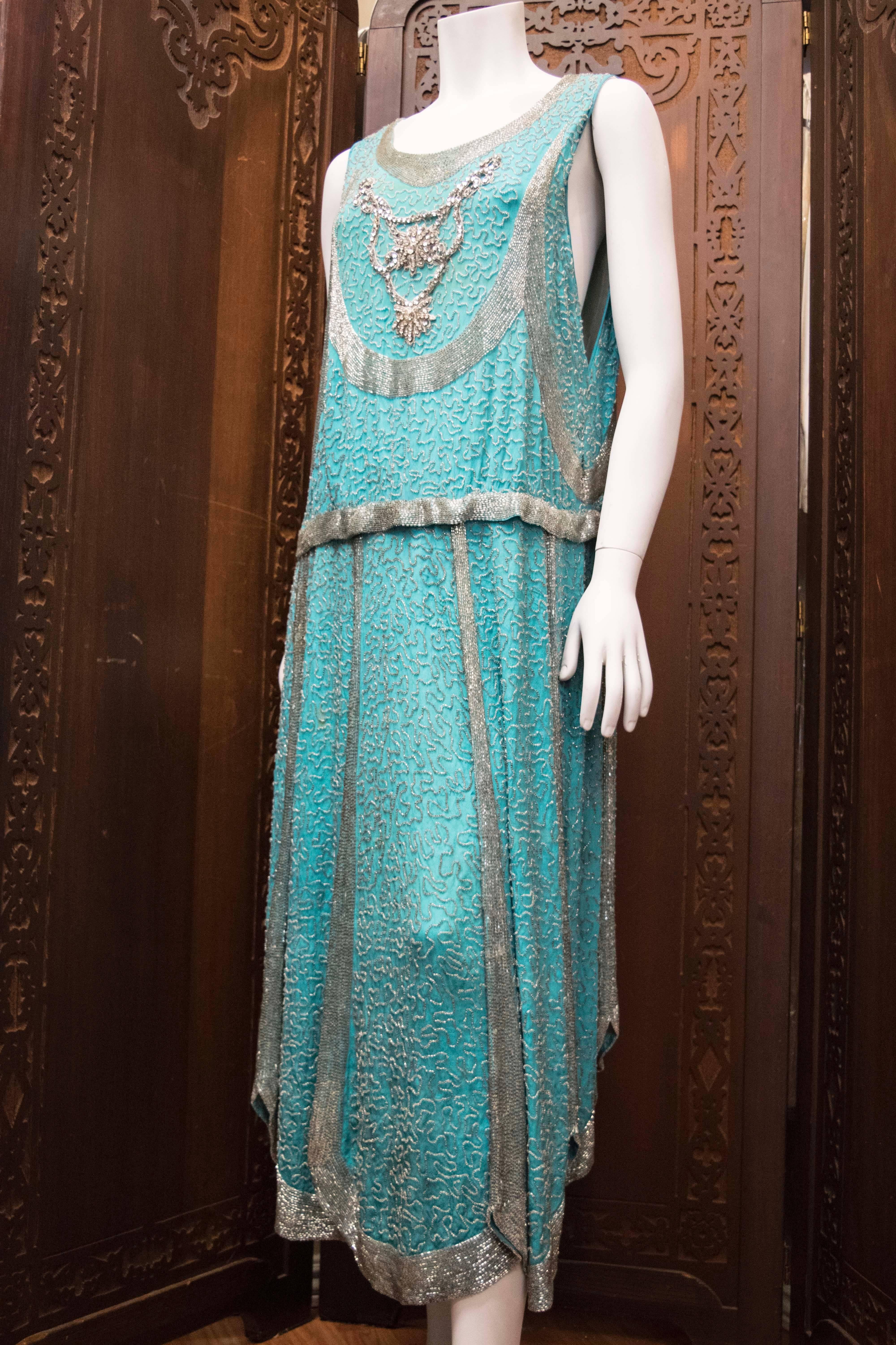 1920s Beaded Aqua Flapper Dress 4