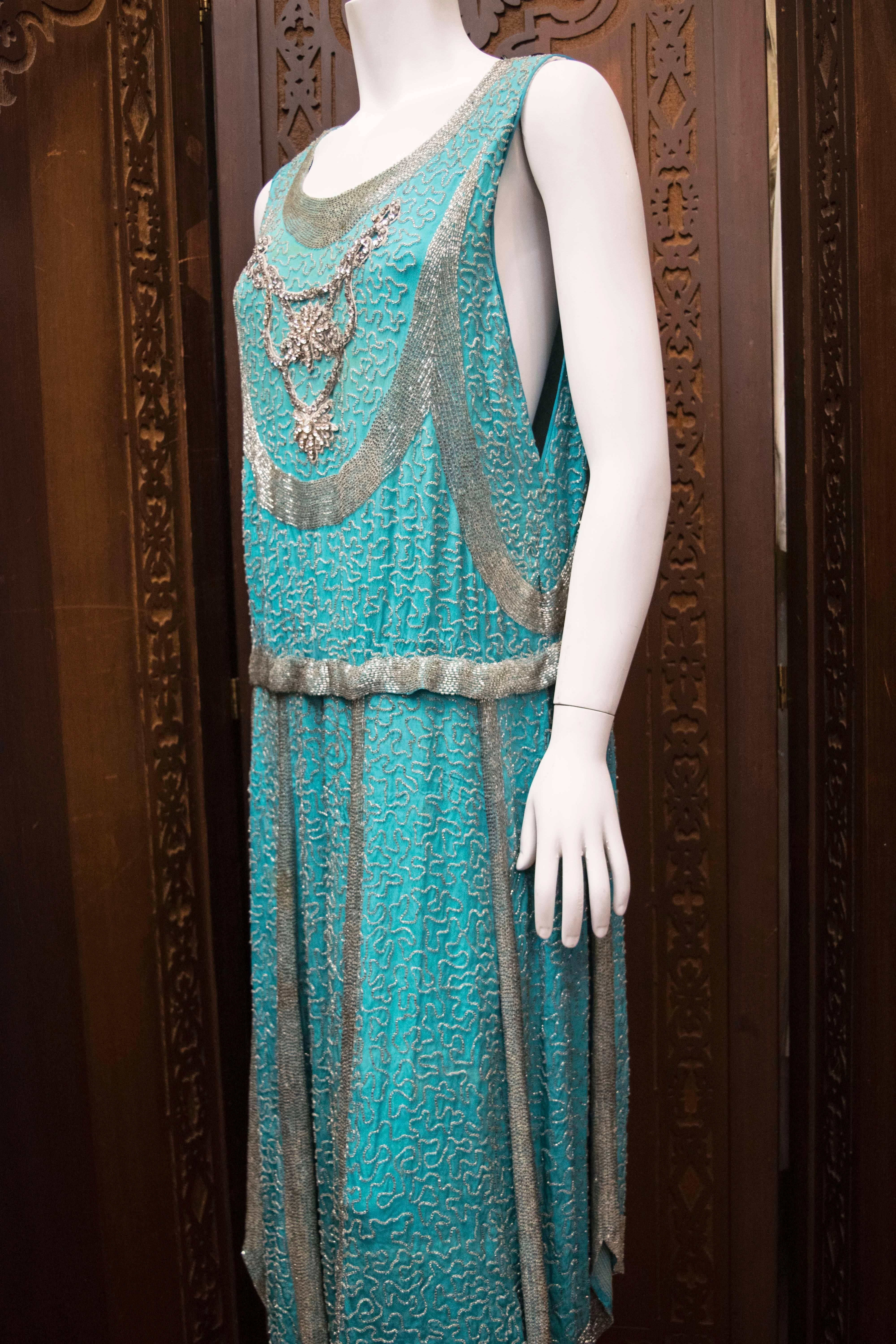 Blue 1920s Beaded Aqua Flapper Dress