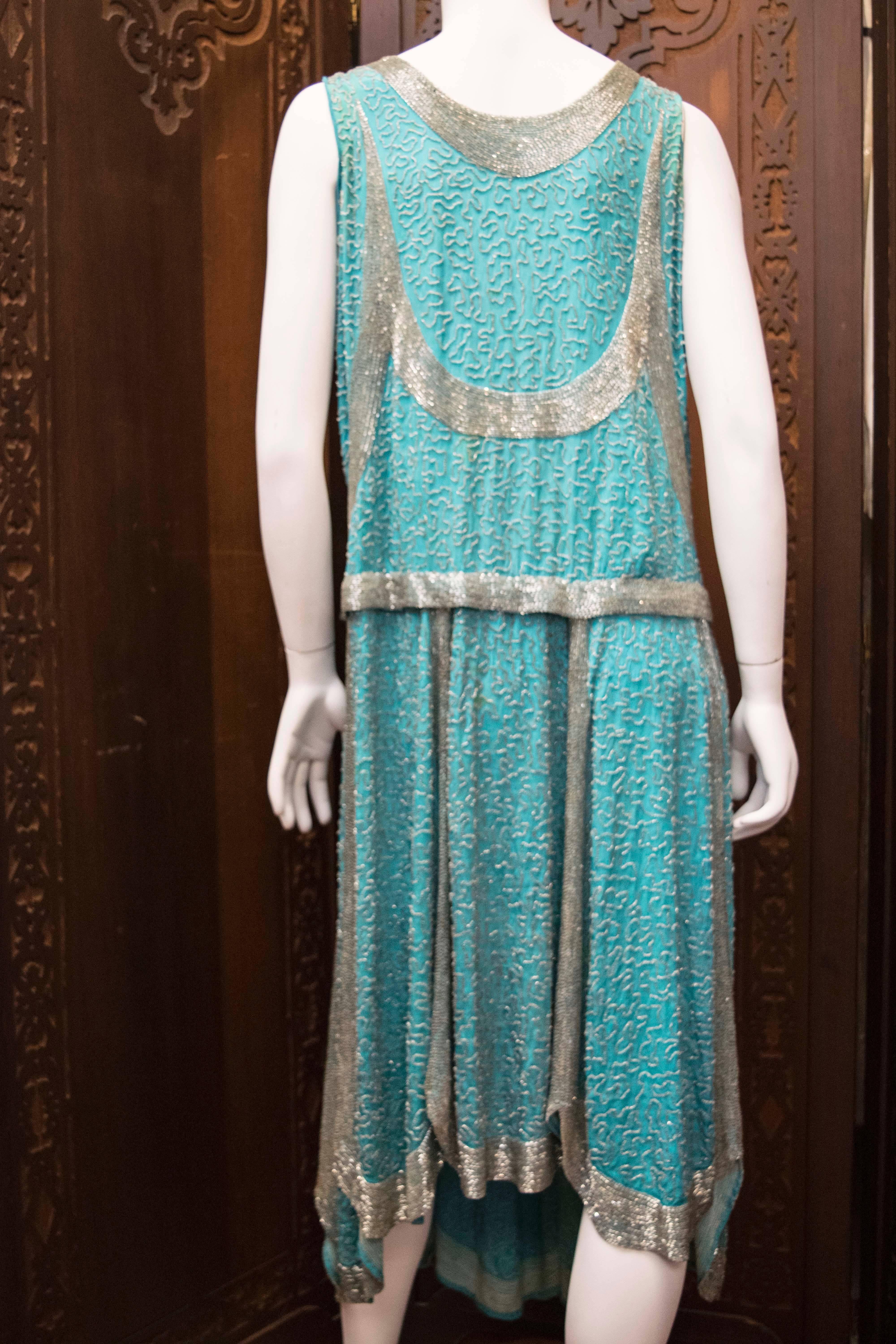 Women's 1920s Beaded Aqua Flapper Dress