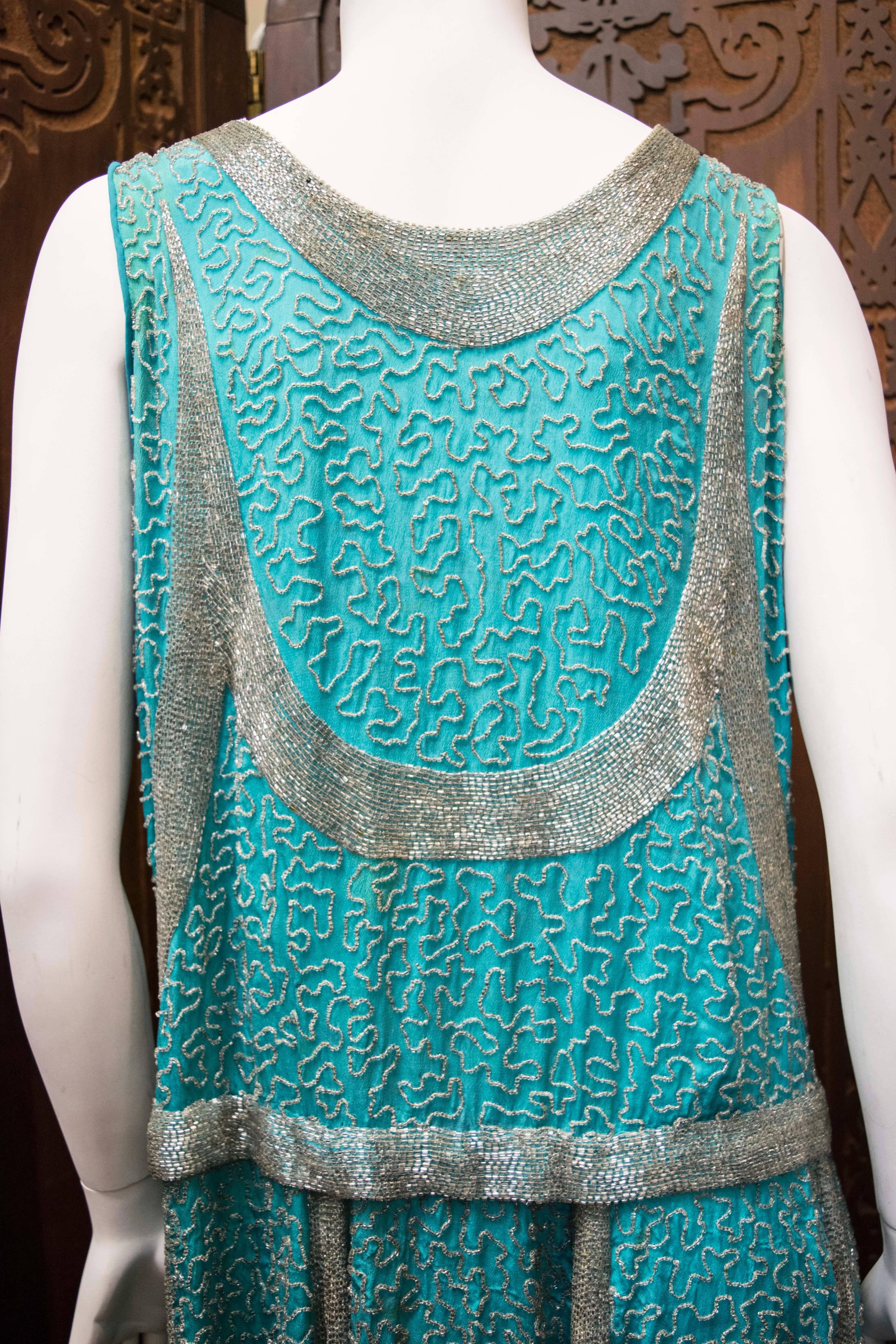 1920s Beaded Aqua Flapper Dress 2