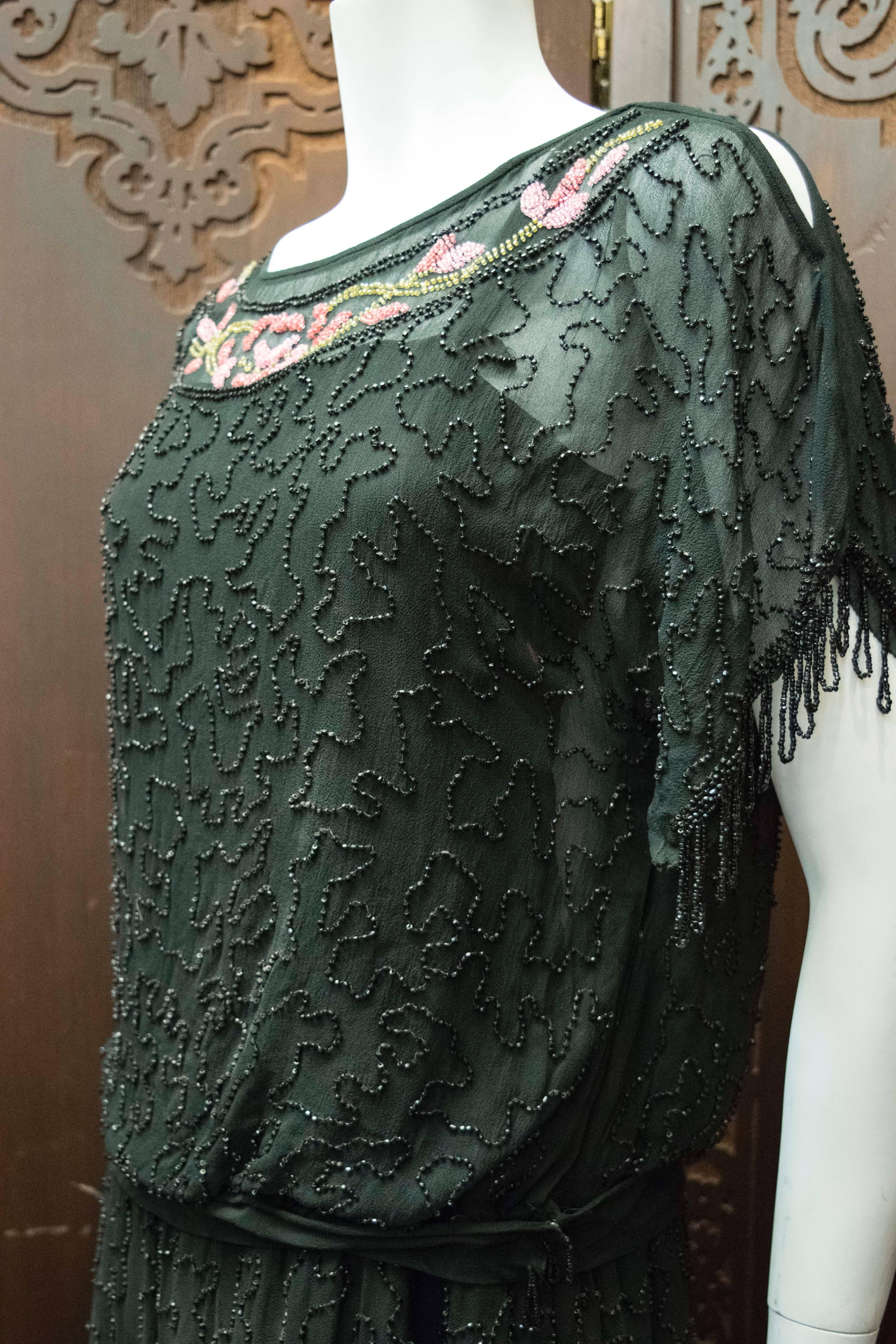 1920s Black Beaded Flapper Dress In Good Condition In San Francisco, CA
