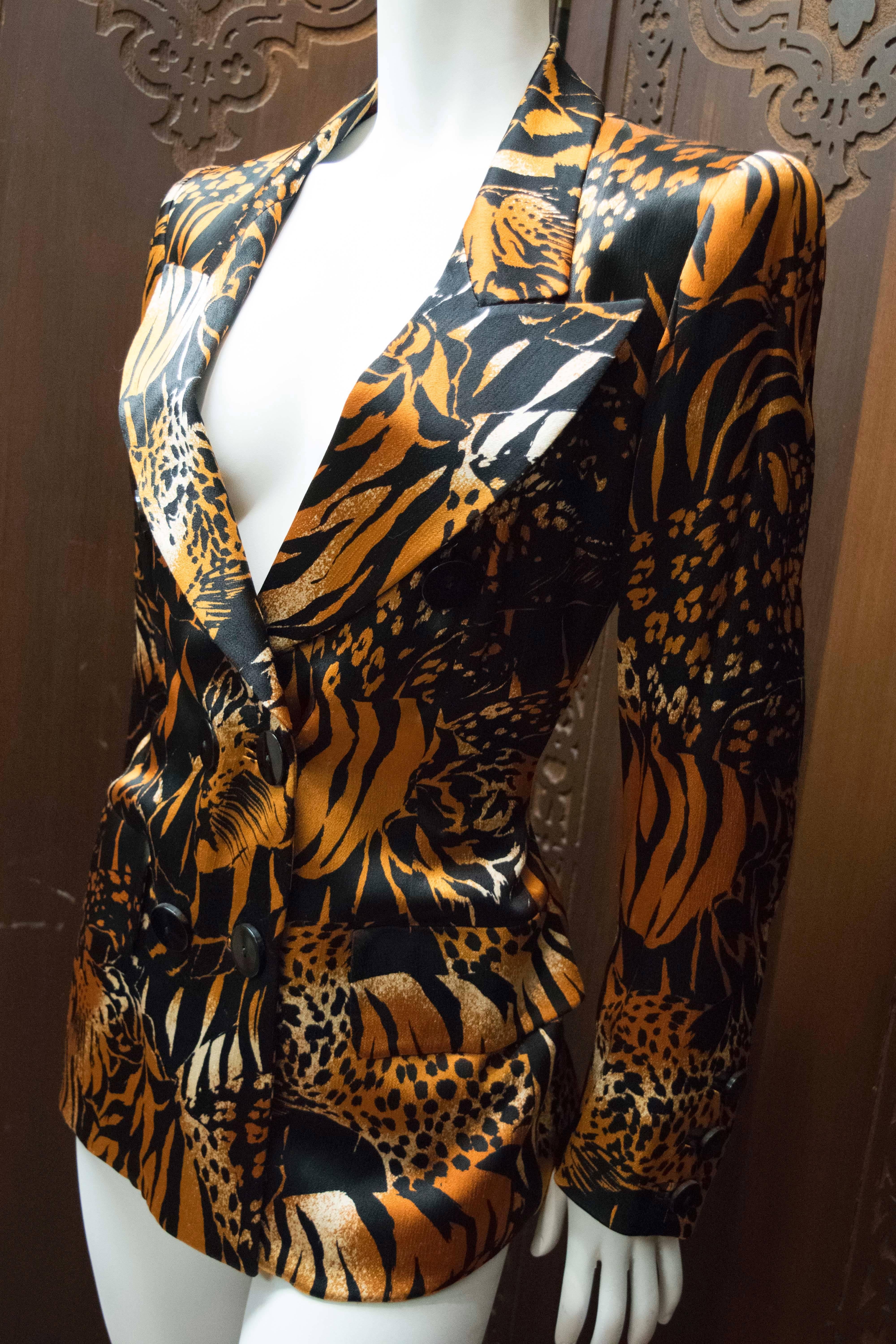 Black Yves Saint Laurent Animal Print Double Breasted Blazer 