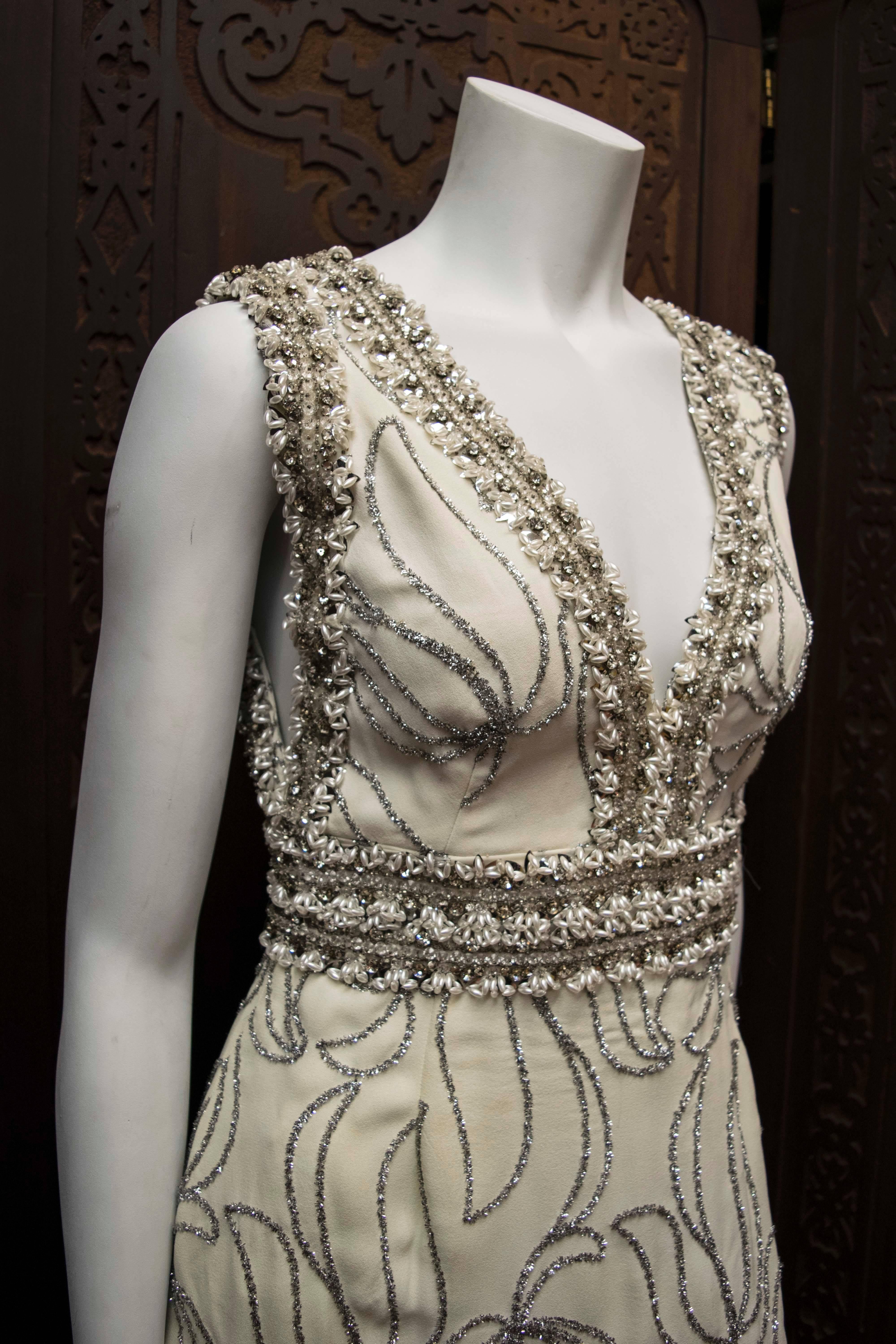 Gray 1970s Rhinestone Evening Gown